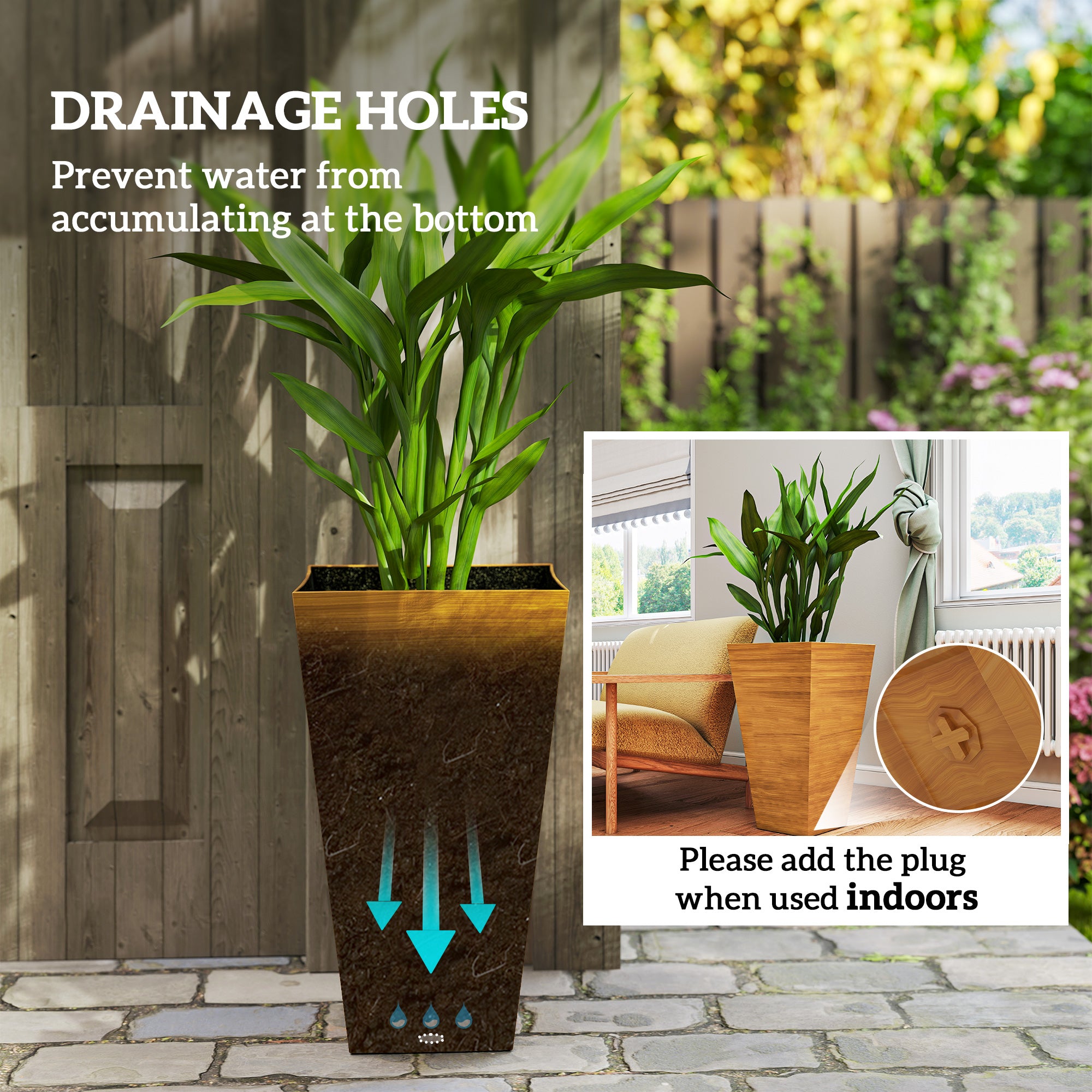 Set of 3 Tall Planters, 28" Outdoor Planter w/ Drainage Holes, Faux Wood Plastic Flower Pots