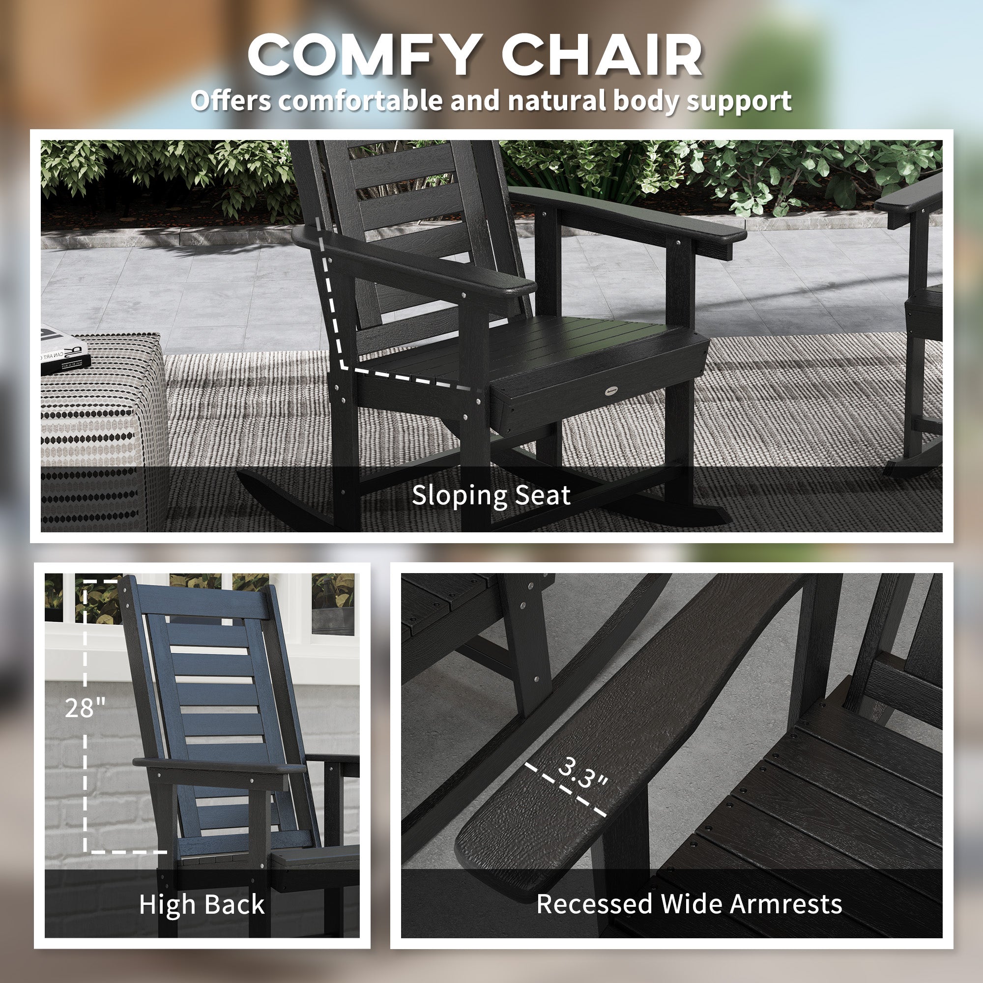 2 Pieces Outdoor Rocking Chairs, HDPE Patio Rockers with 28" High Back, Wide Armrests for Porch Backyard