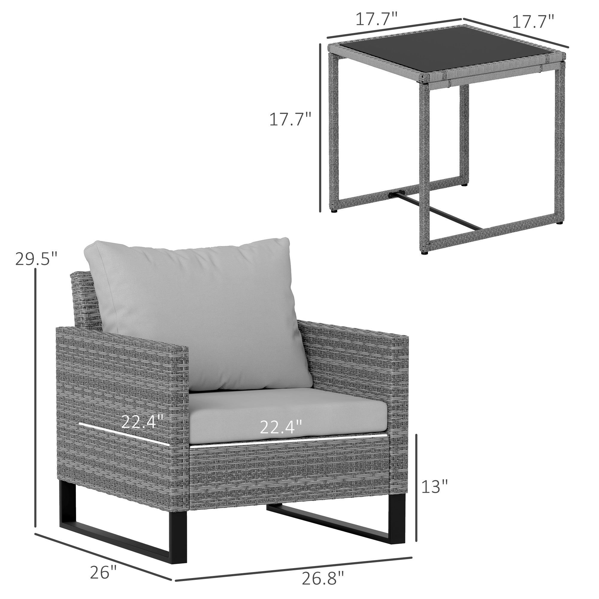 3PCS Patio Set, Wicker Bistro Set with Cushions, Rattan Chairs, Glass Coffee Table for Backyard, Porch, Balcony, Gray