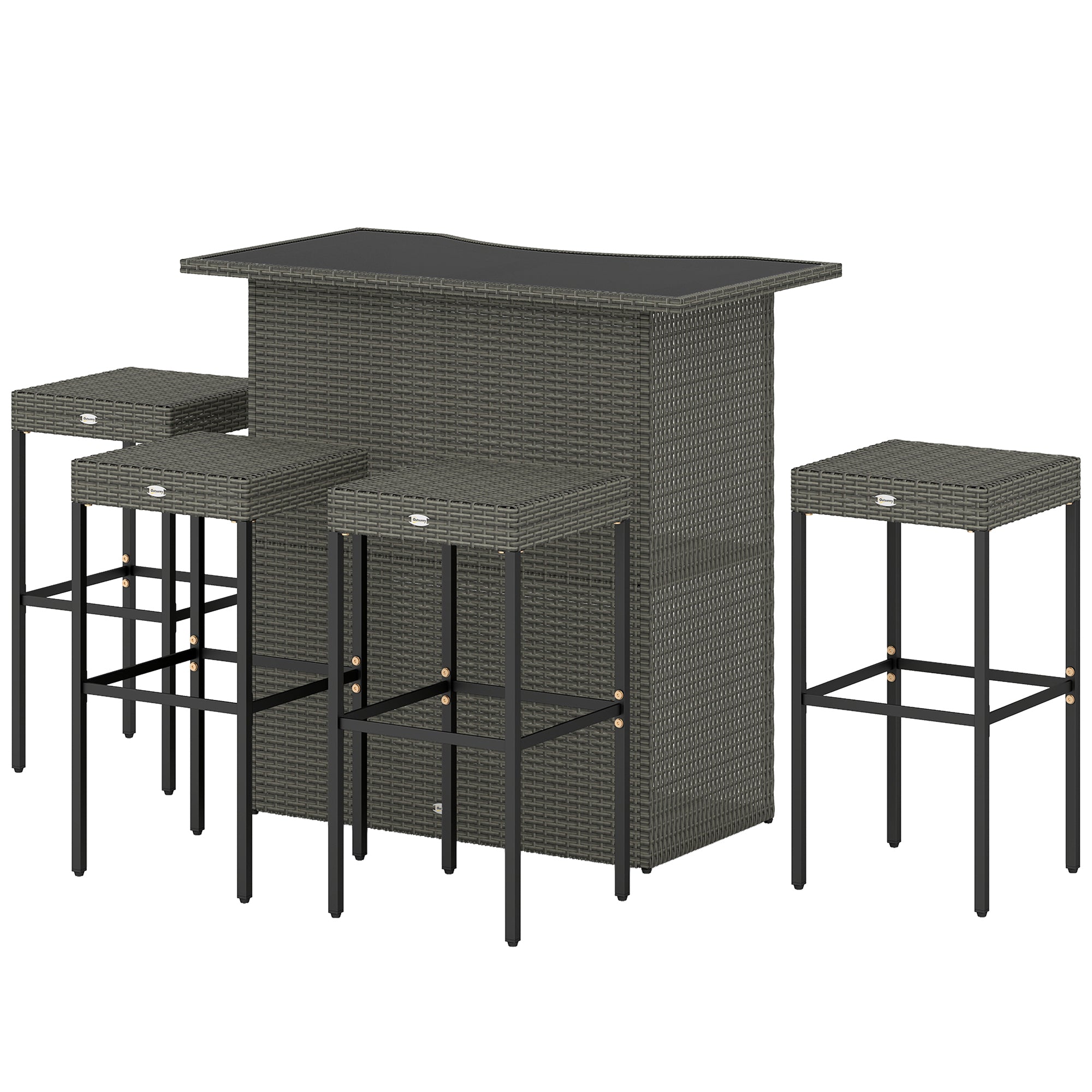 5 Piece Rattan Wicker Bar Set, High Top Outdoor Table and Chairs, Bar Height Patio Set, 2 Shelves & 4 Bar Stools