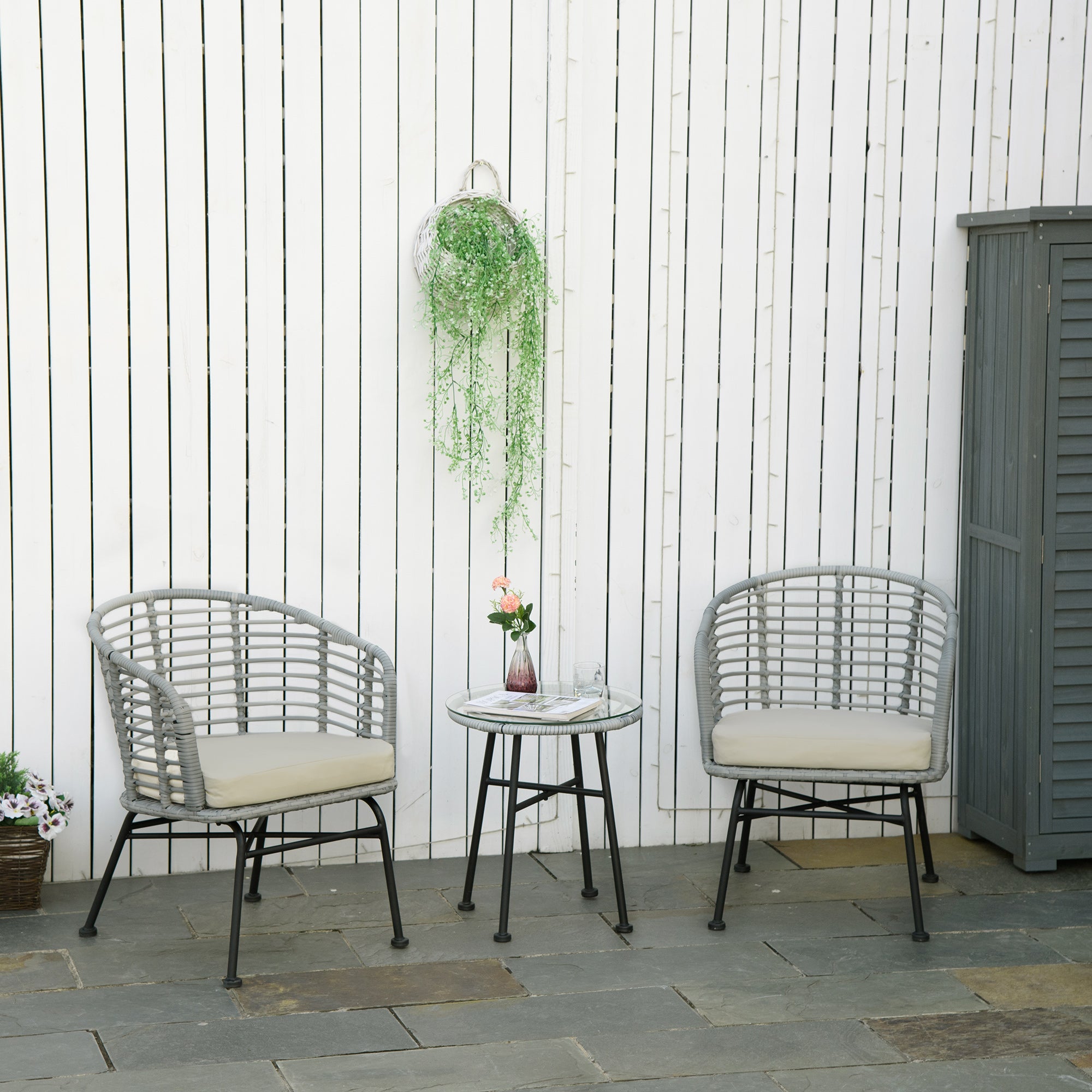 3 Piece Patio Bistro Set, PE Rattan with Cushioned Barrel Chairs & Glass Coffee Table, Conversation Set, Cream White