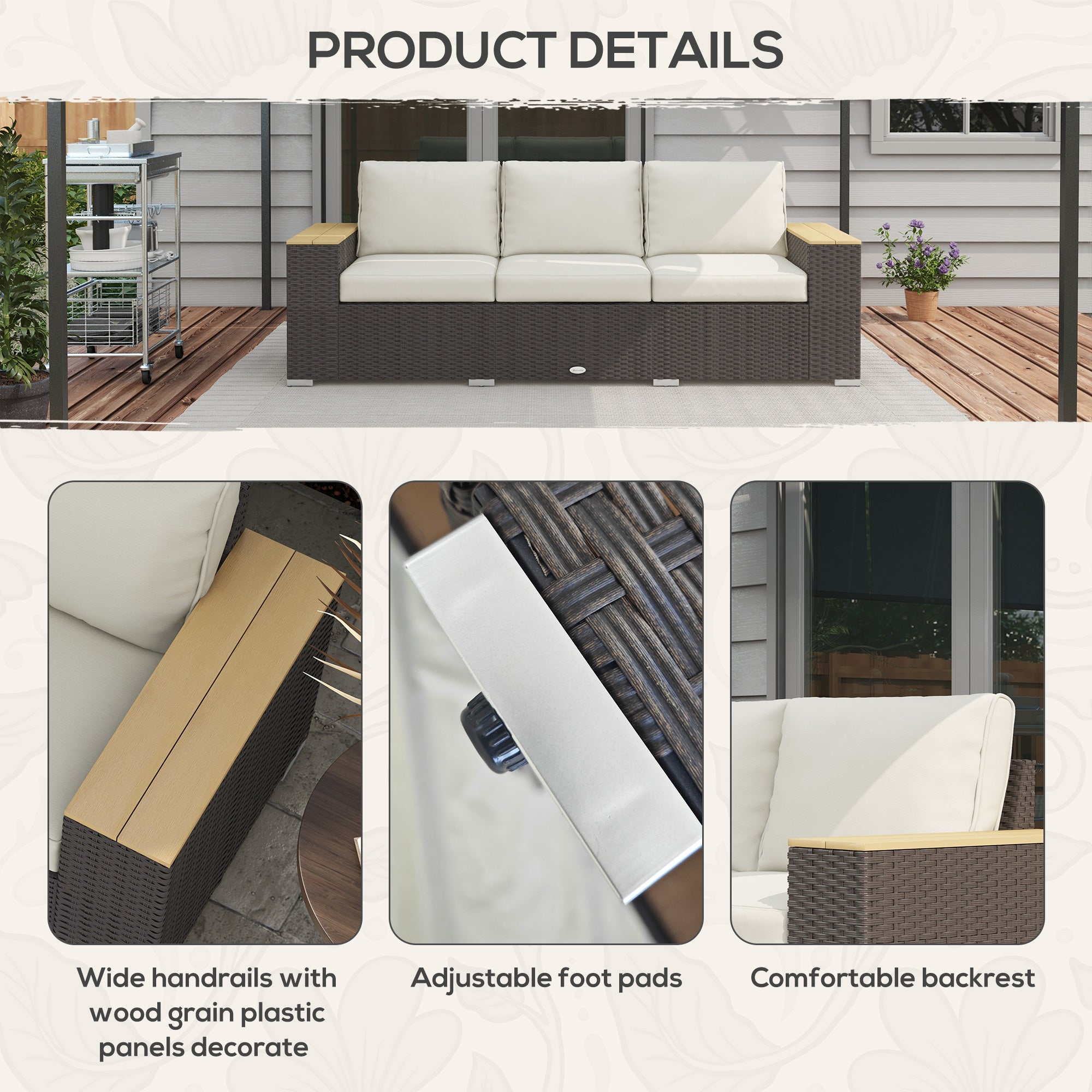3-Seat Outdoor Patio Sofa, PE Wicker Outdoor Couch with Extra Wide Deep Seat, Wide Armrests 4" Cushions