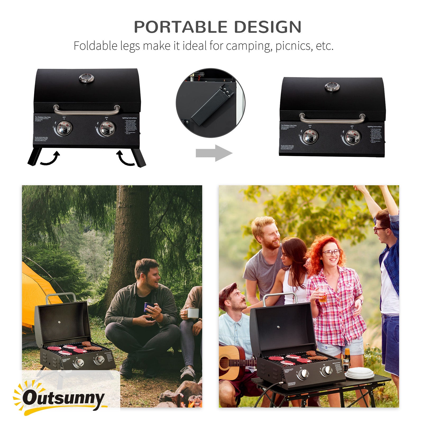 21.75" Charcoal BBQ, Portable Grill with 2 Burners, Heat-Resistant Handle, Folding Legs, Removable Ashtray, Thermometer, Carbon Steel, for Outdoor Cooking, Camping