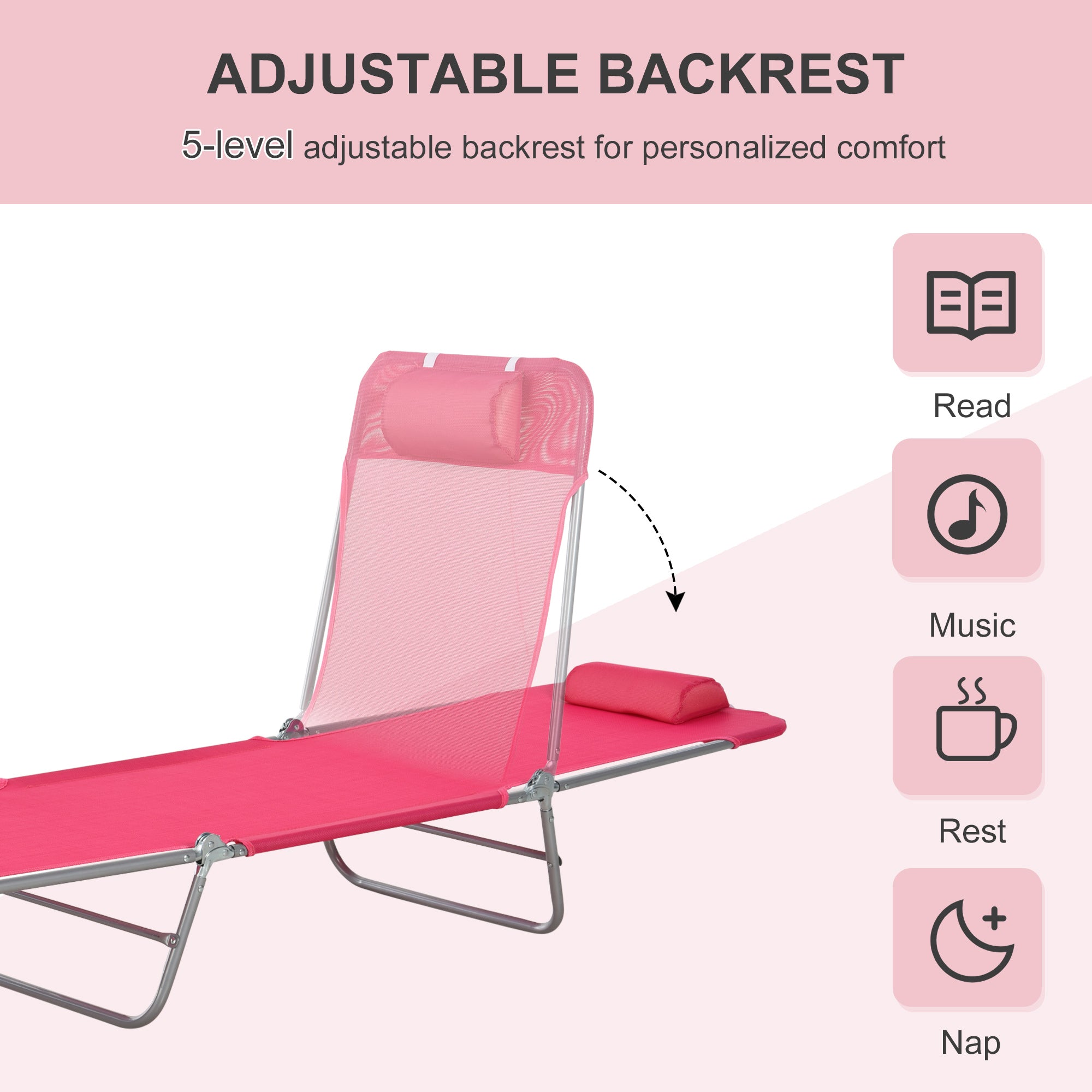 Folding Chaise Lounge Chair, Pool Sun Tanning Chair, Outdoor Lounge Chair with Reclining Back, Breathable Mesh Seat, Headrest for Beach, Yard, Patio