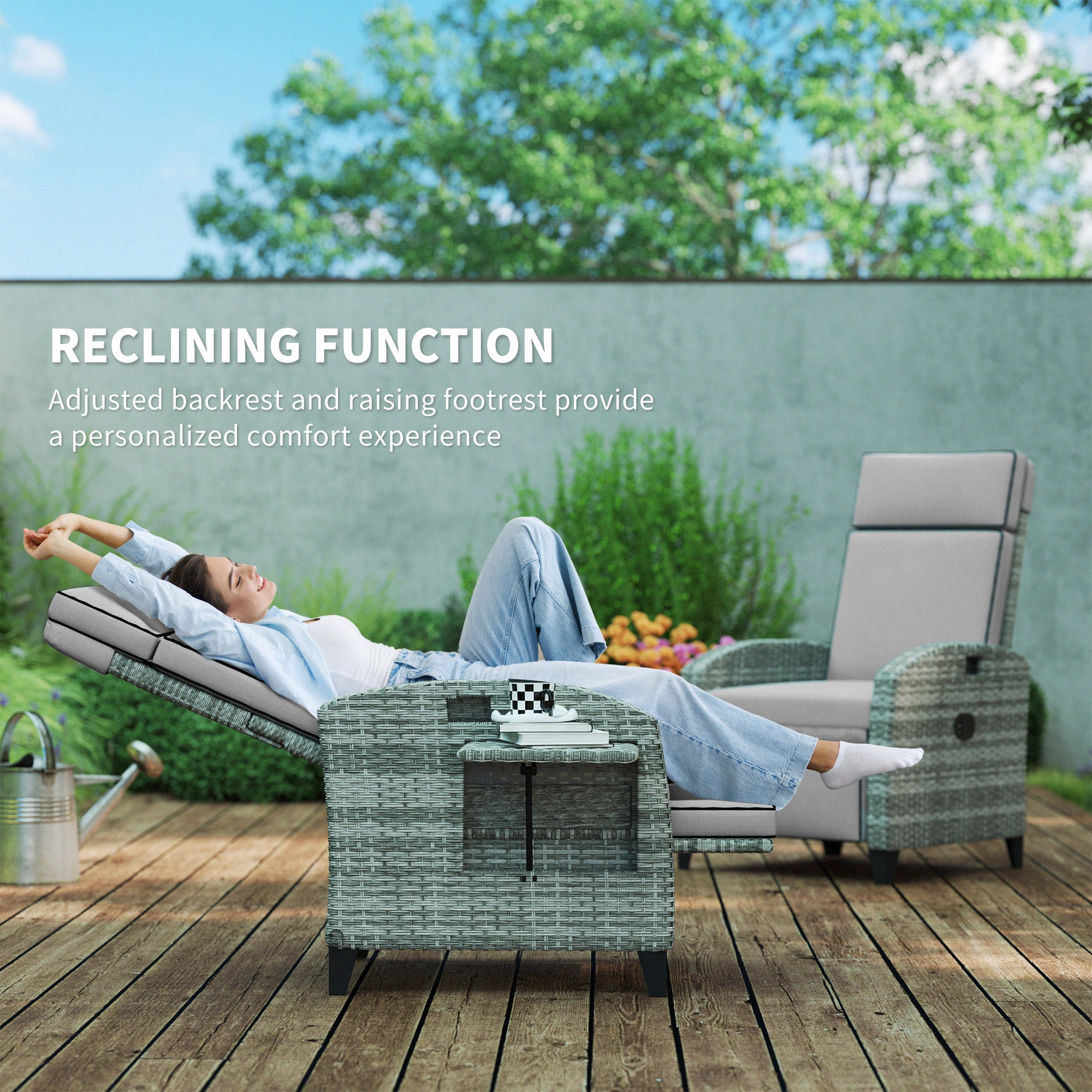 Outdoor Recliner Chair with Cushions, Reclining Patio Lounge Chair with Adjustable Footrest, Armrests, Tray Table