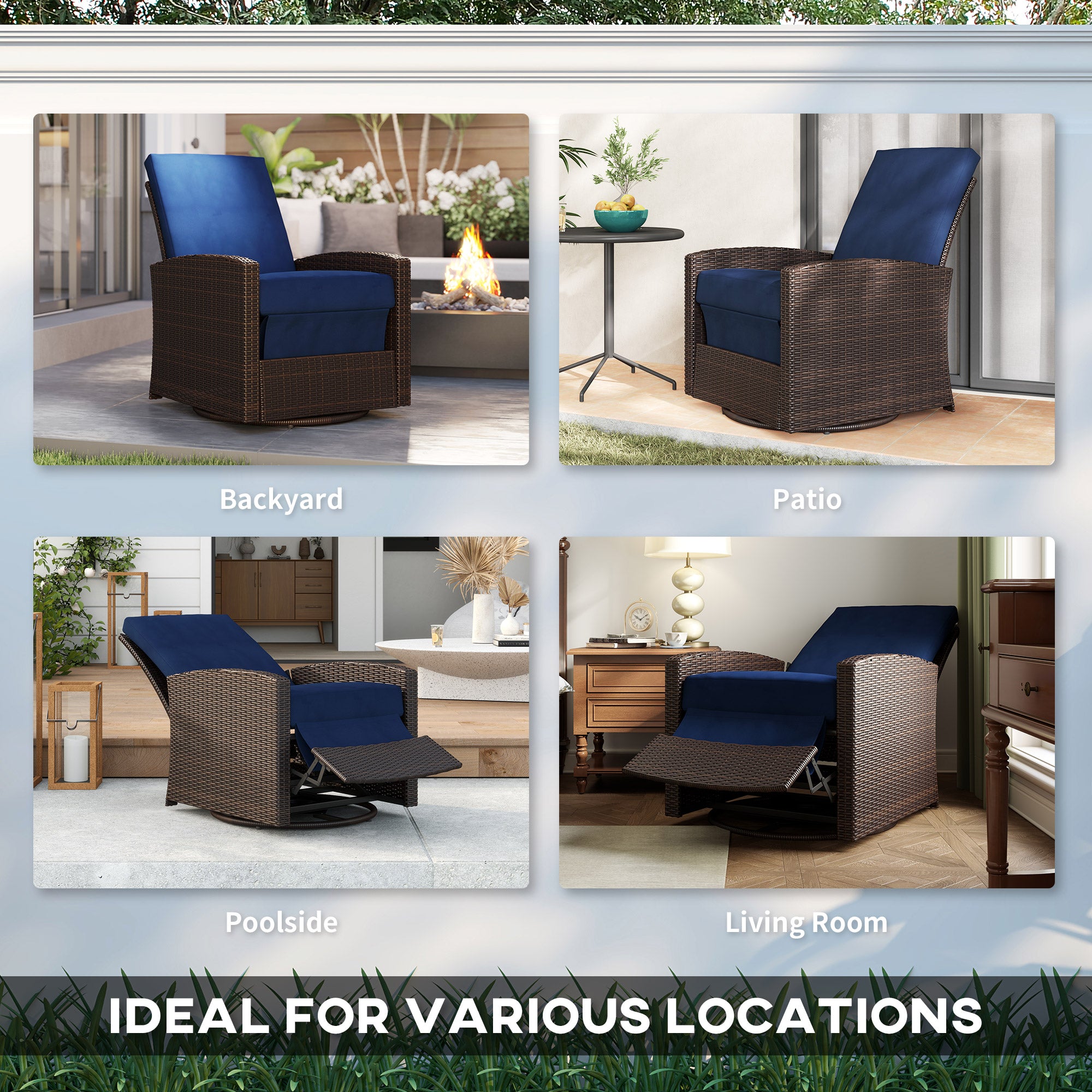 Outdoor Wicker Swivel Recliner Chair, Reclining Backrest, Lifting Footrest, 360° Rotating Basic, Water Resistant Cushions for Patio