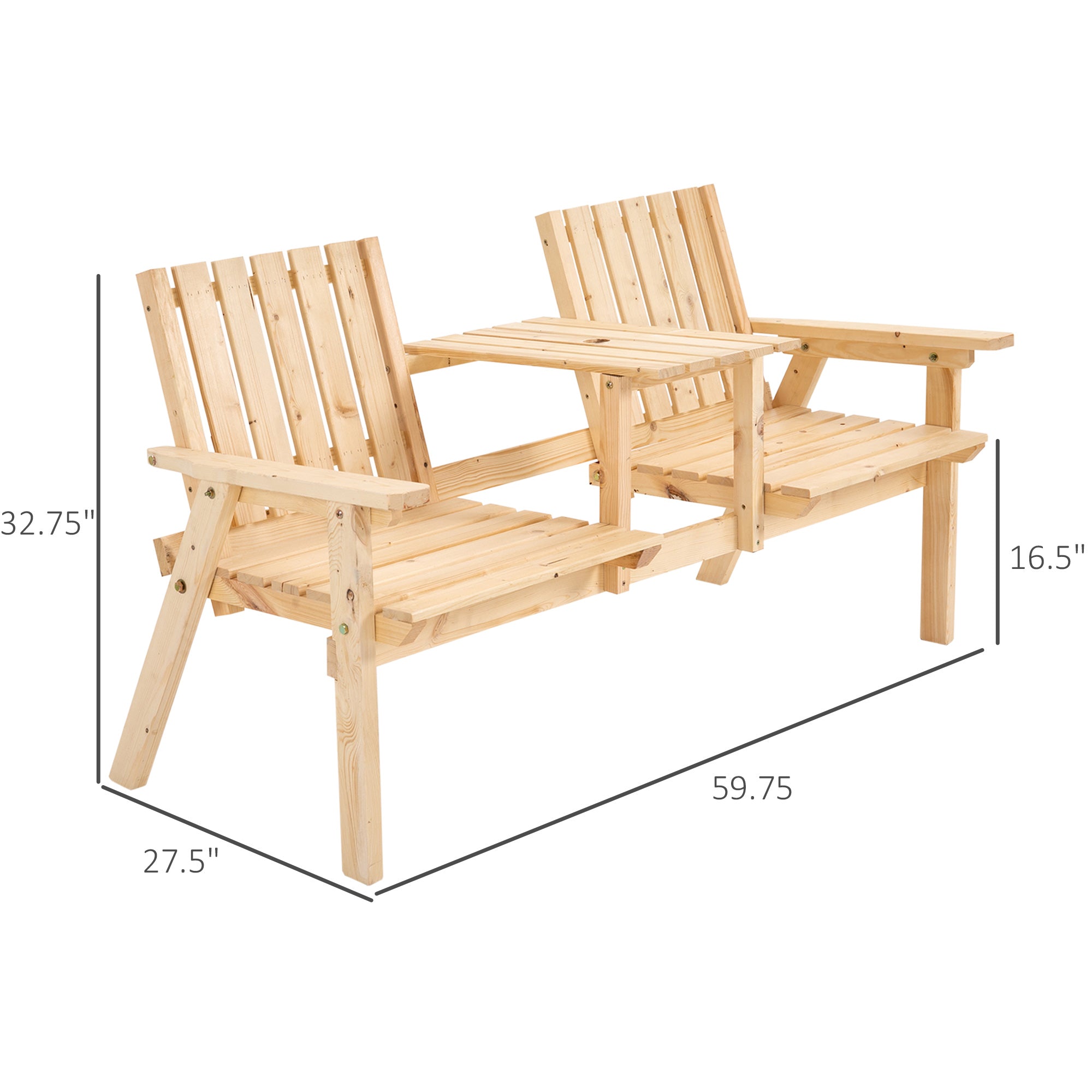 Patio Bench, Garden Bench with Middle Table and Umbrella Hole, Wooden Outdoor Bench for Patio, Porch, Poolside, Balcony, Natural
