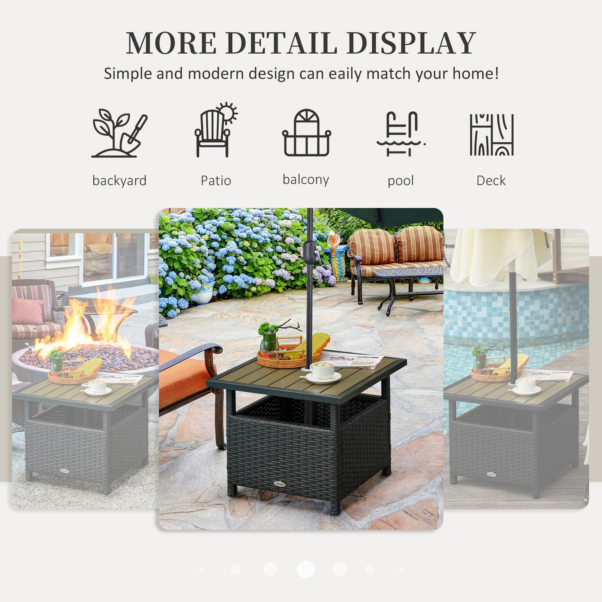 22" Outdoor Side Table with Umbrella Hole, Rattan Wicker End Table with Sand Bag and Steel Frame for Patio, Garden, Backyard