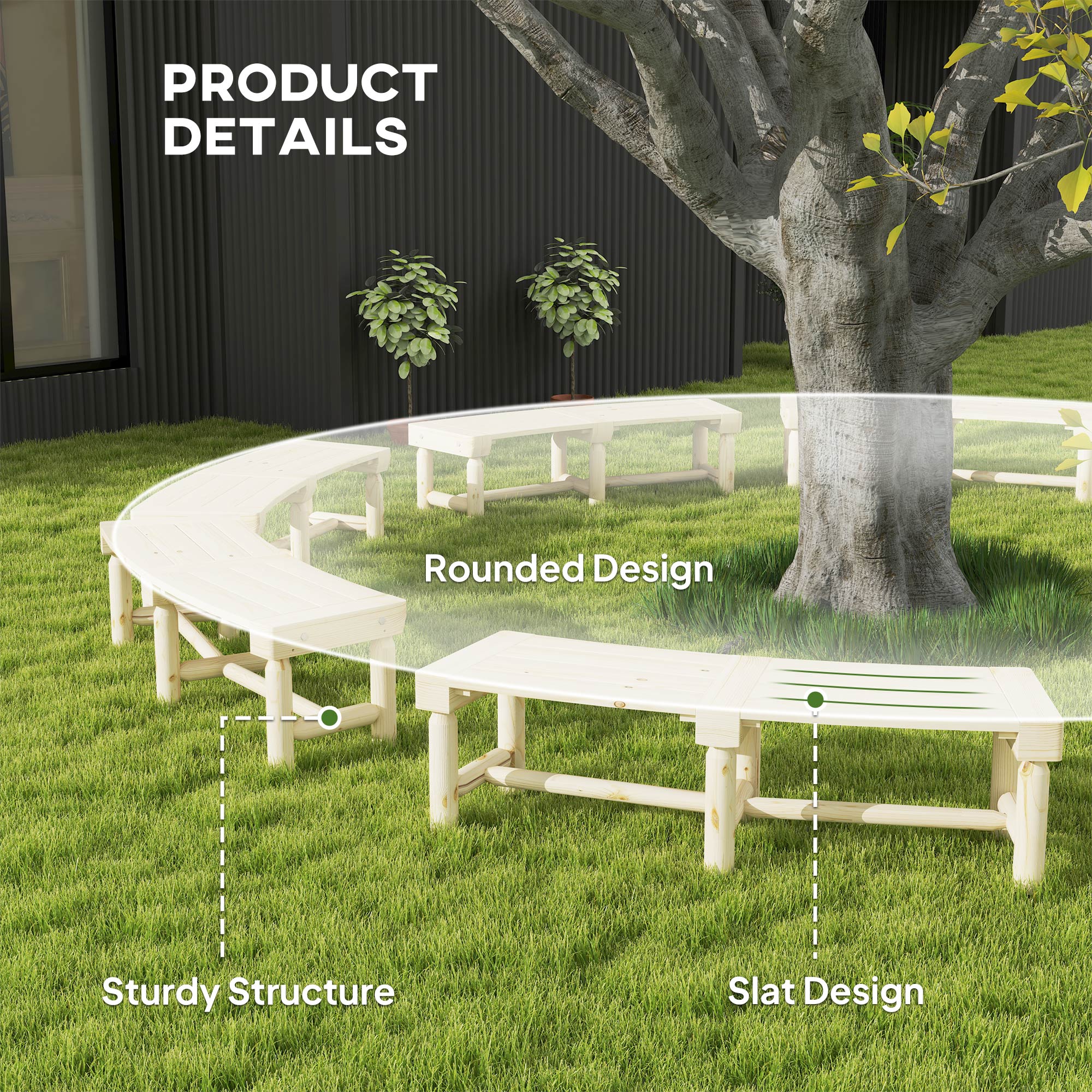 Wooden Garden Bench, Semicircular Round Outdoor Tree Bench, Wrap Around Park Bench for Yard, Patio, Deck, Lawn
