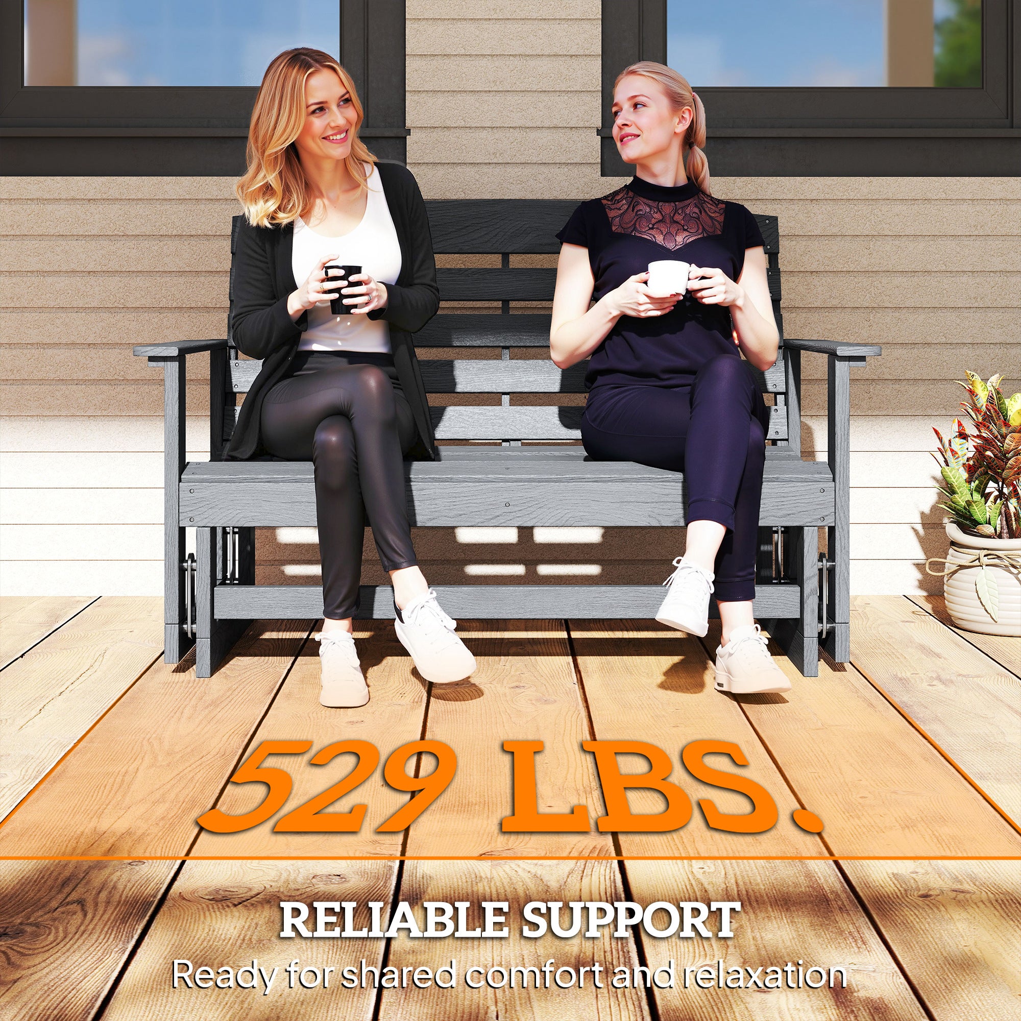 Patio Glider Bench w/ HDPE Slatted Double Rocking Chair