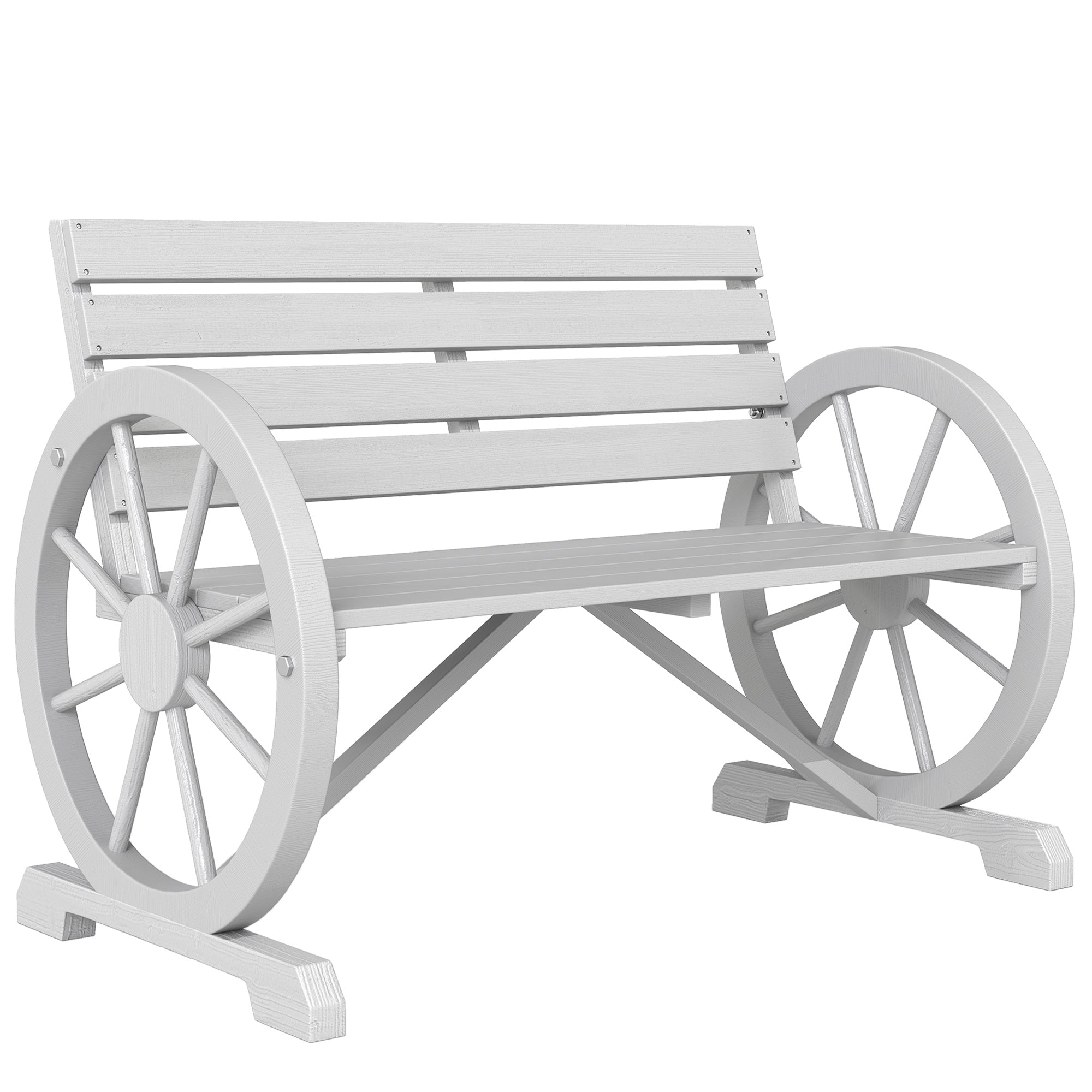 41" Wooden Wagon Wheel Bench, Rustic Outdoor Patio Weather Resistance Furniture, 2-Person Slatted Seat Bench with Backrest, Light Gray
