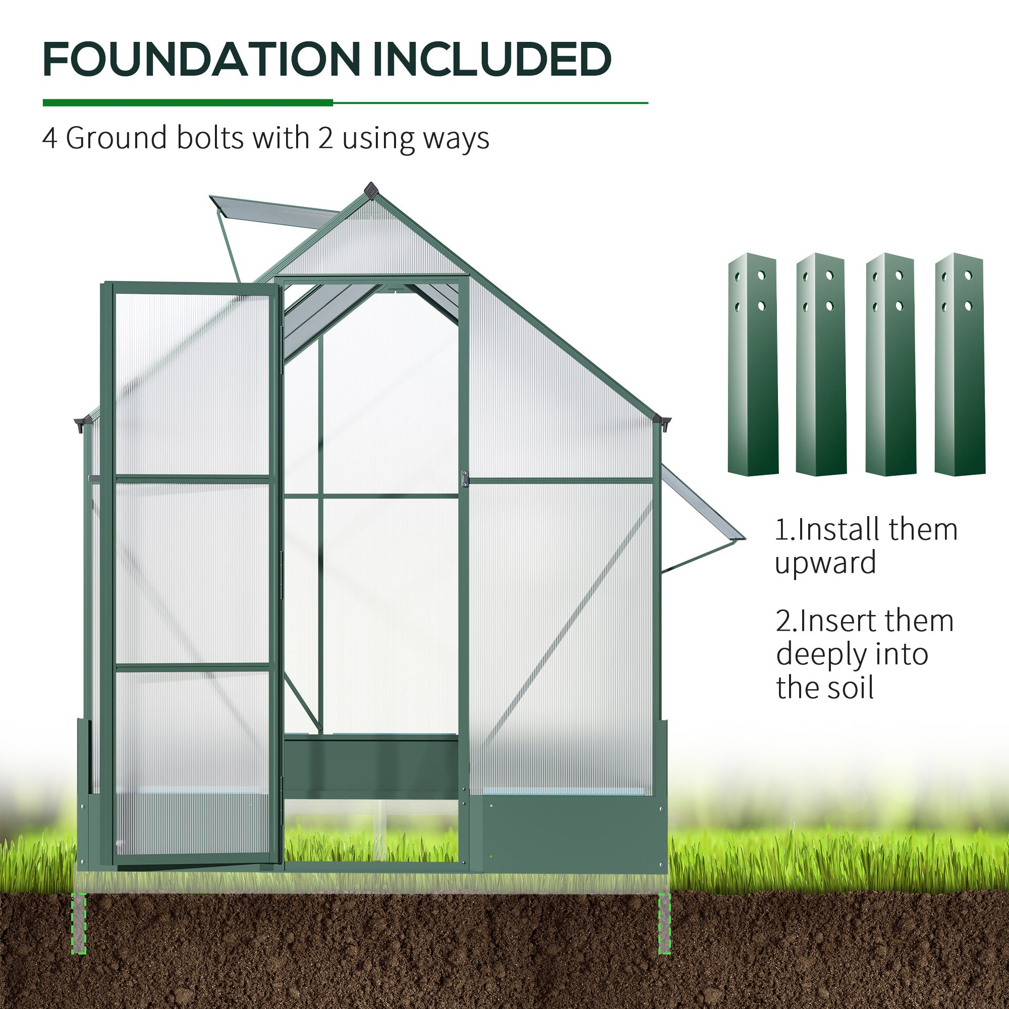 8' x 6' Greenhouse for Outdoors, Polycarbonate Greenhouse with Roof Vent and Rain Gutter, Aluminum Walk-in for Outside for Patio Backyard Garden, Green