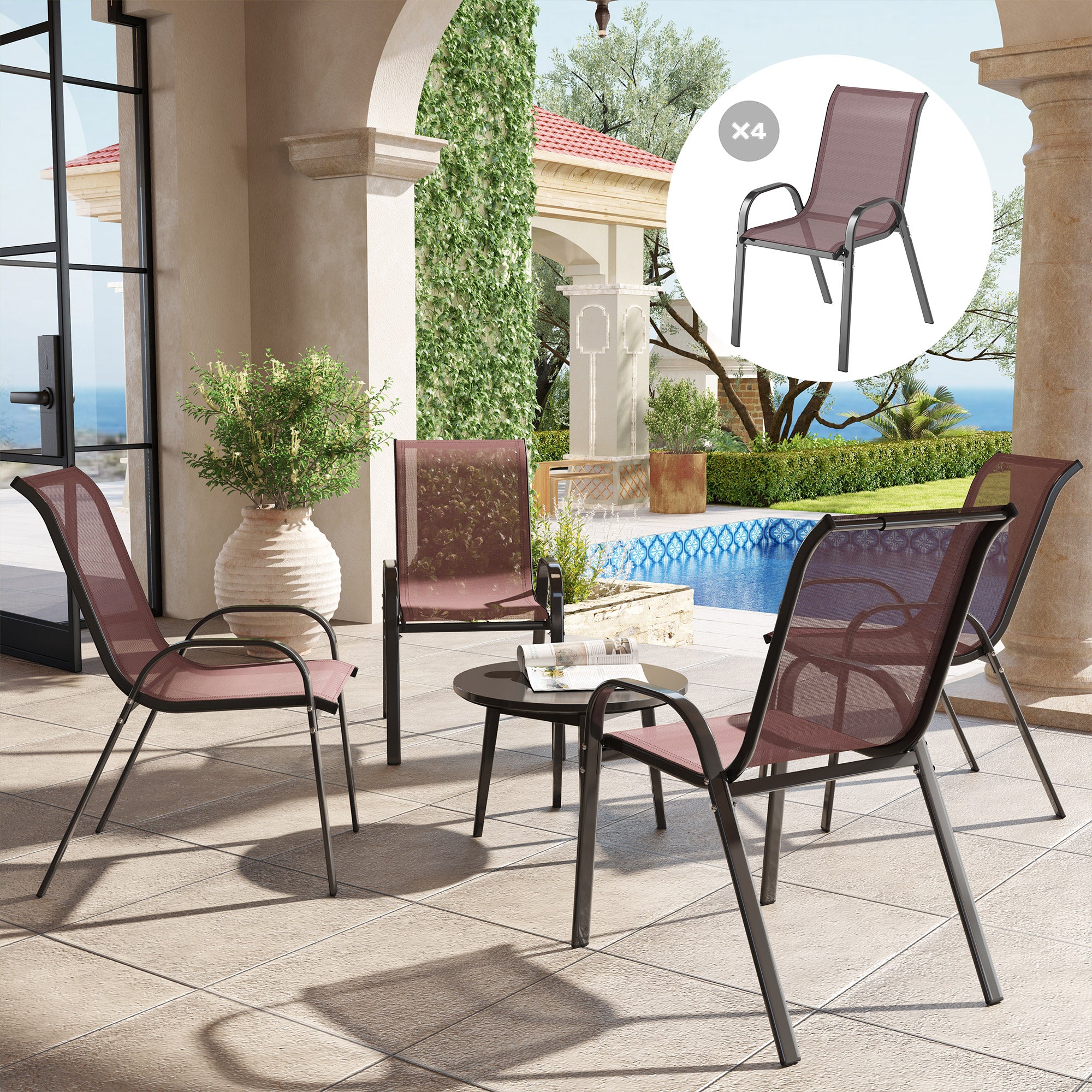 Set of 4 Outdoor Dining Chairs, Stackable Patio Chairs with High Back, Breathable Mesh Seat for Garden Lawn