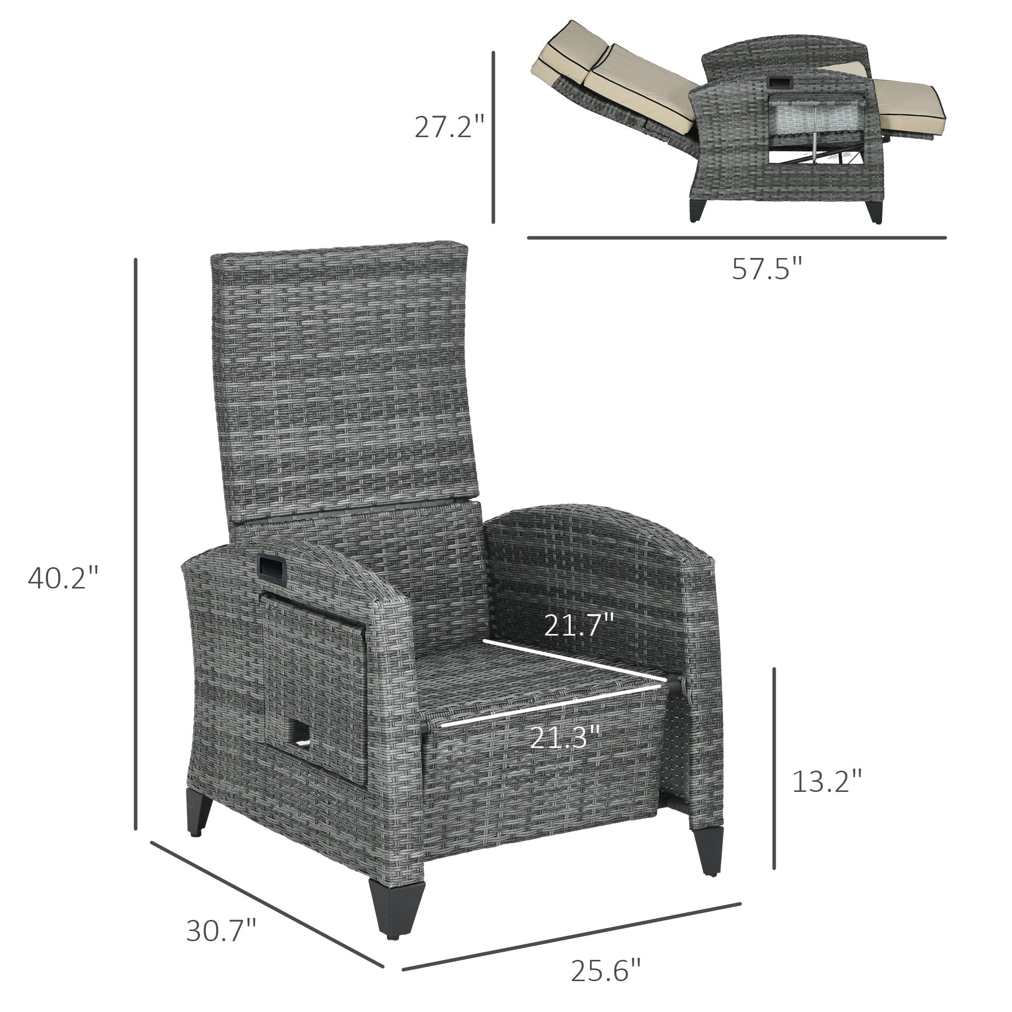 Outdoor Recliner Chair with Cushions, Reclining Patio Lounge Chair with Adjustable Footrest, Armrests, Tray Table