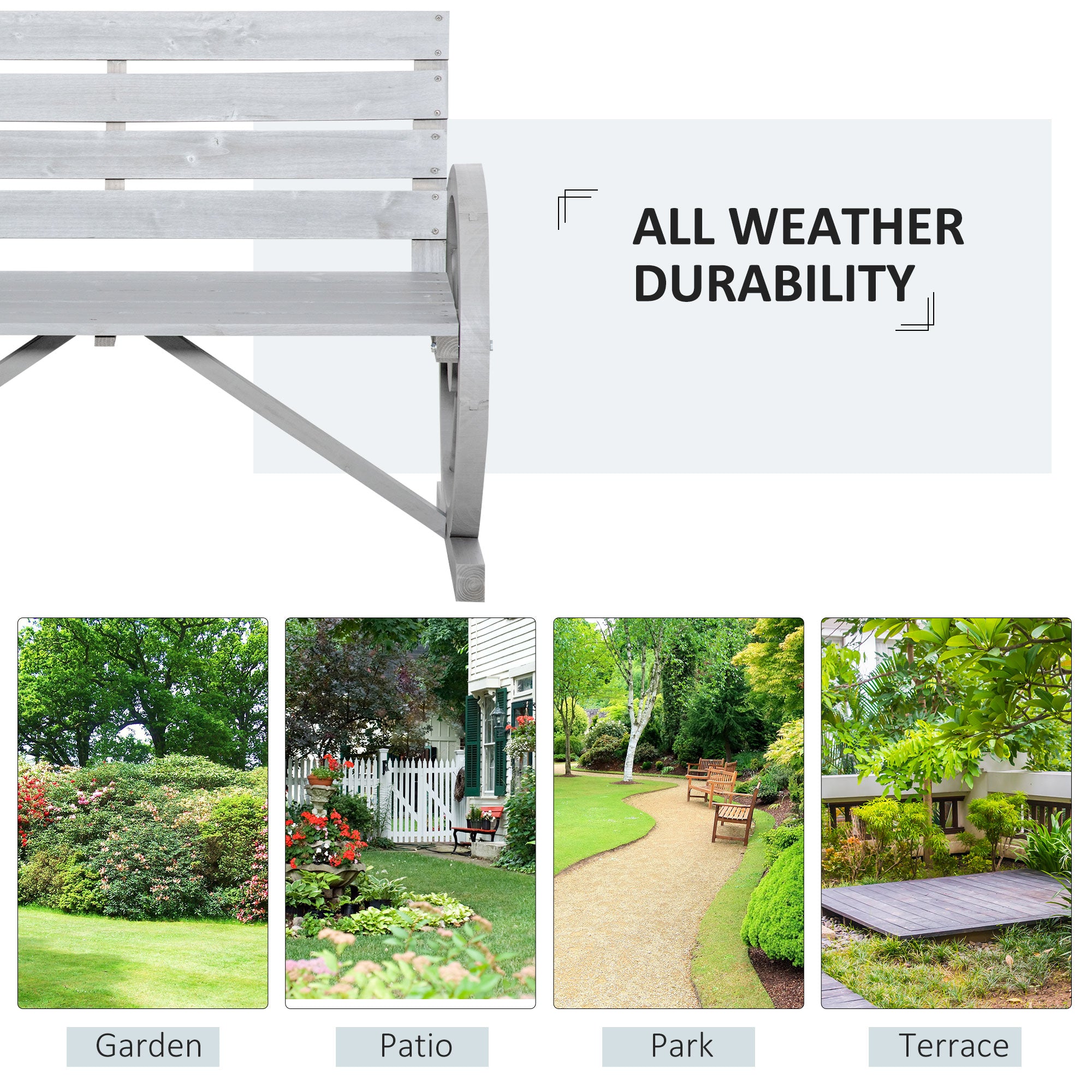 41" Wooden Wagon Wheel Bench, Rustic Outdoor Patio Bench Weather Resistance Furniture, 2-Person Slatted Seat with Backrest