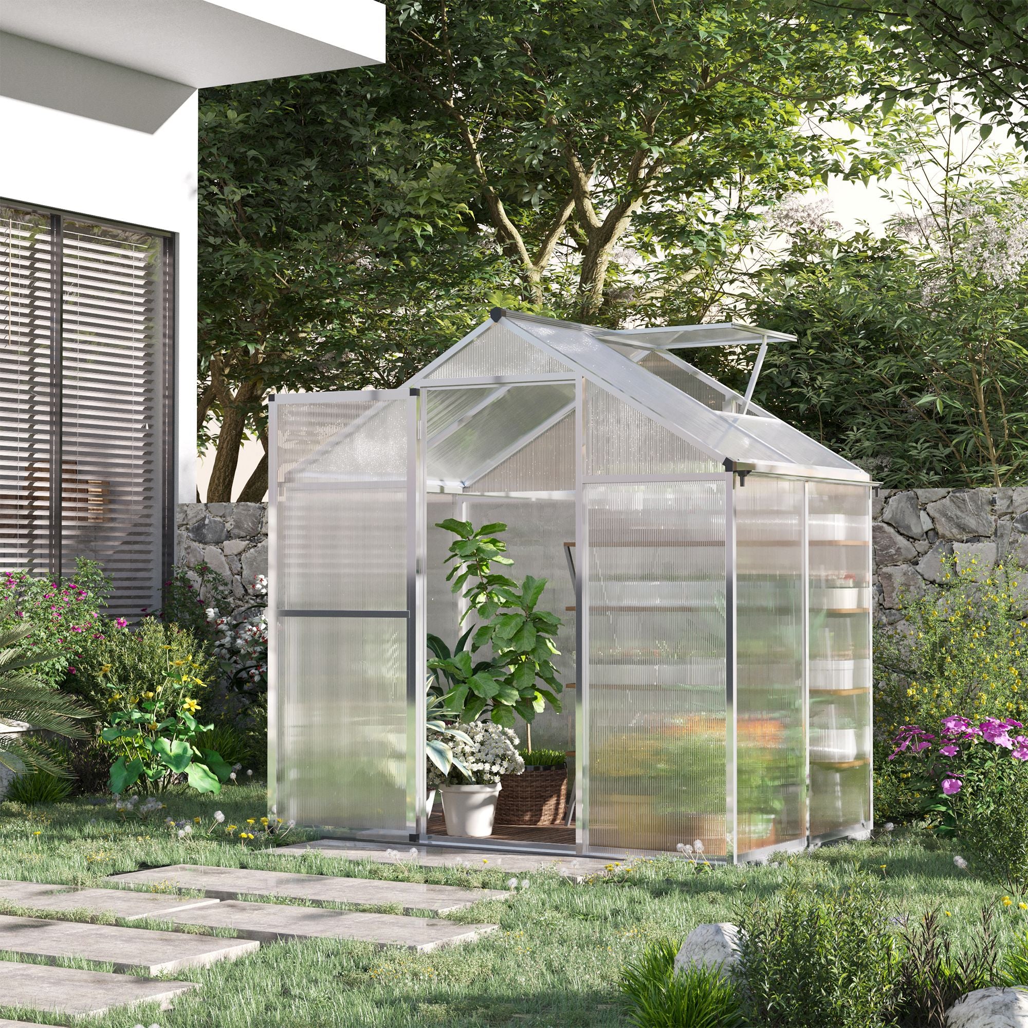 6' L x 6' W Walk-In Polycarbonate Greenhouse with Roof Vent for Ventilation & Rain Gutter for Winter