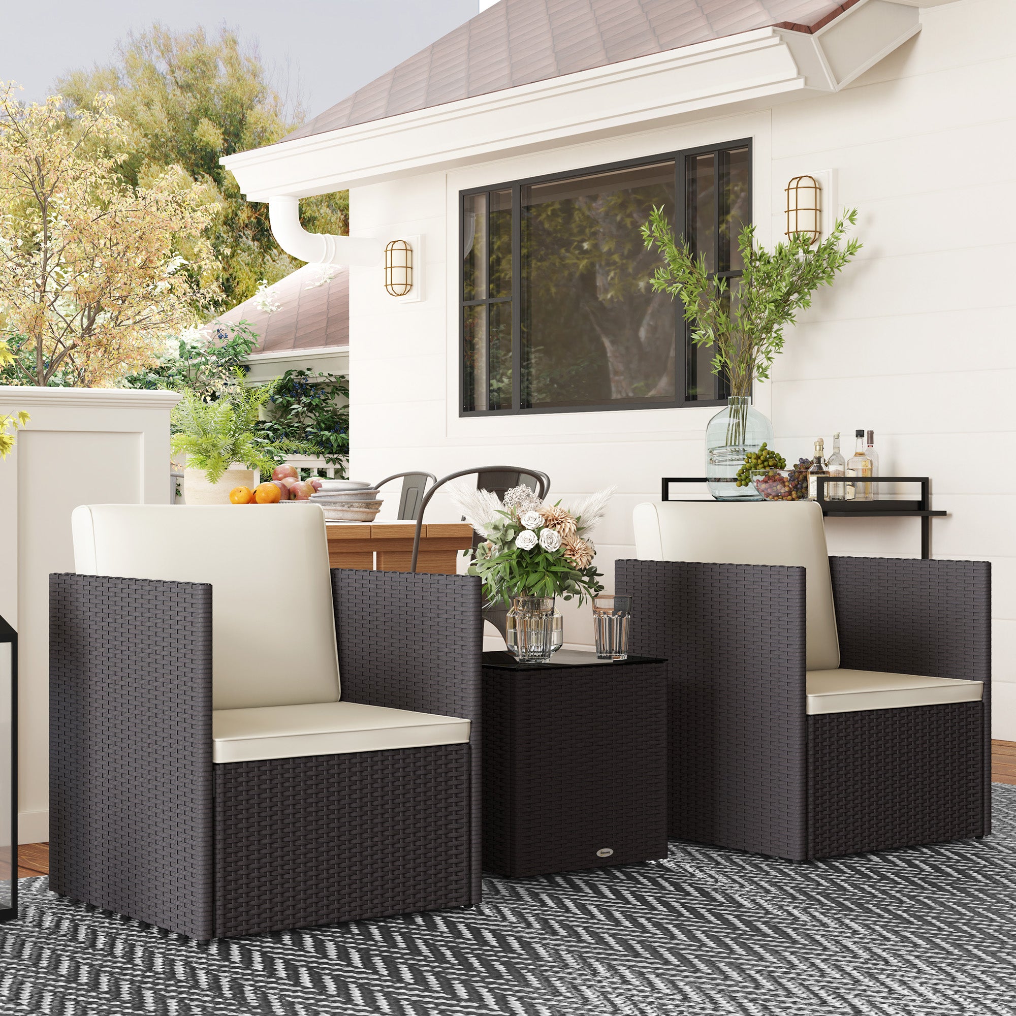 Folding Wicker Bistro Set, 3 Piece Patio Furniture Set with Cushions and Glass Coffee Table for Porch, Balcony