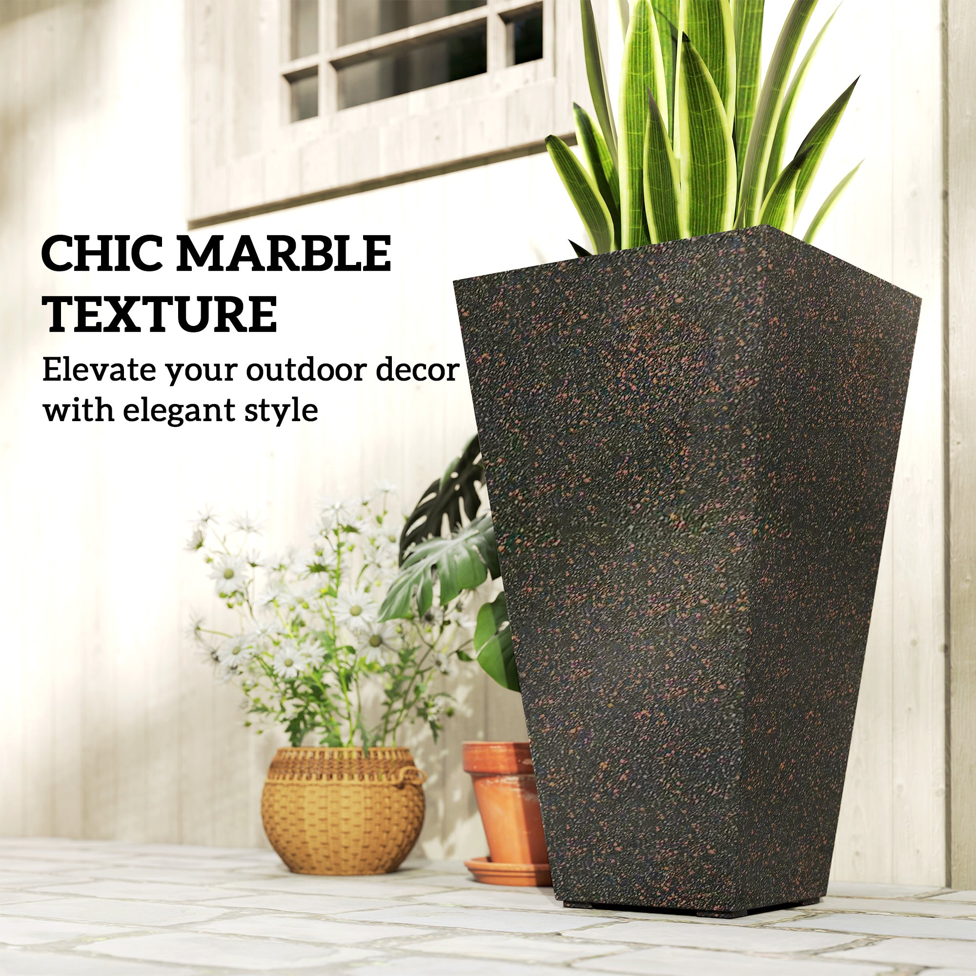 28" Tall Planters, Set of 3 Plastic Flower Pots with Marble Finish and Drainage Holes, Stackable Taper Planters