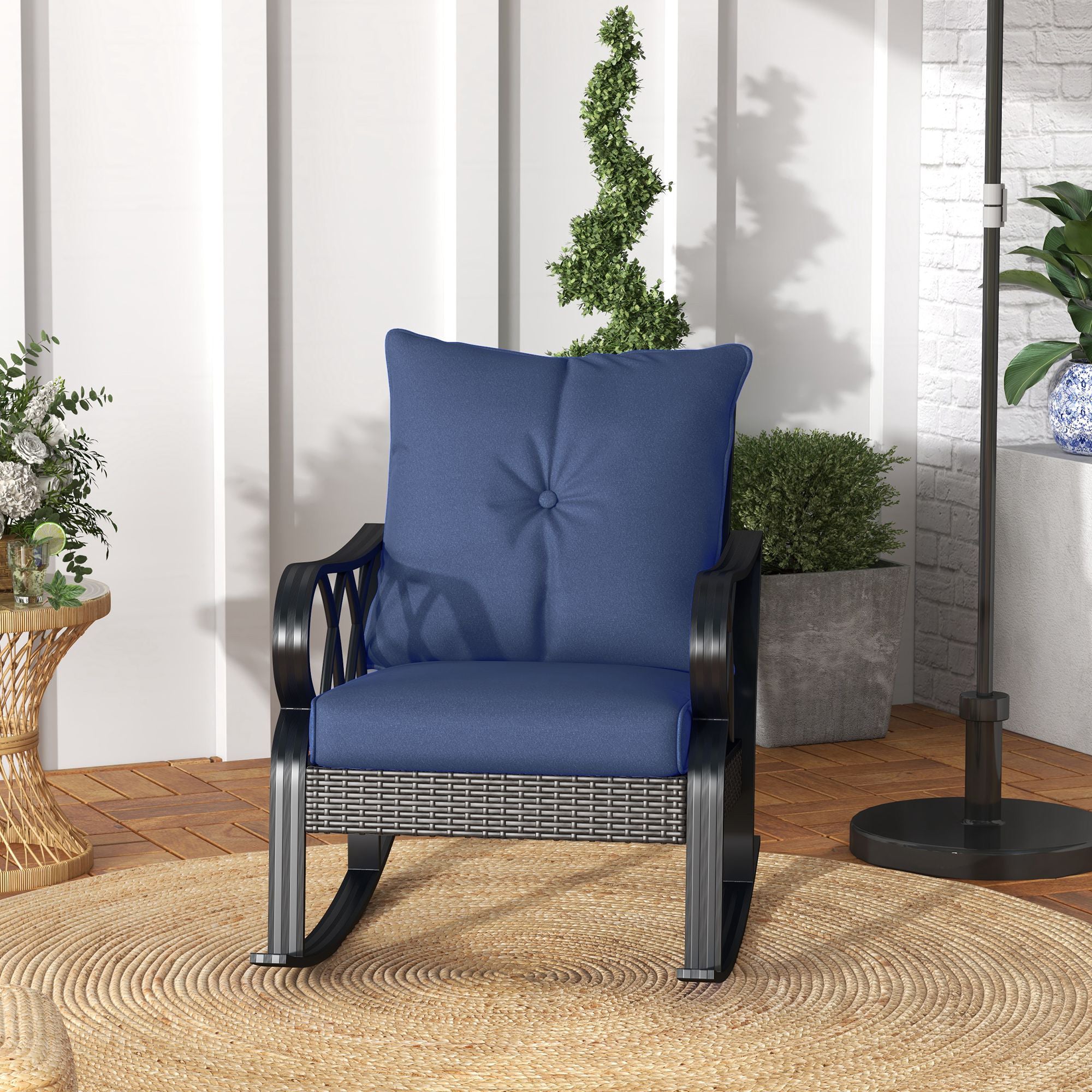 2 Piece Outdoor Wicker Rocking Chairs Rattan Porch Rockers with Cushions, Aluminum Frame for Garden, Patio, Blue