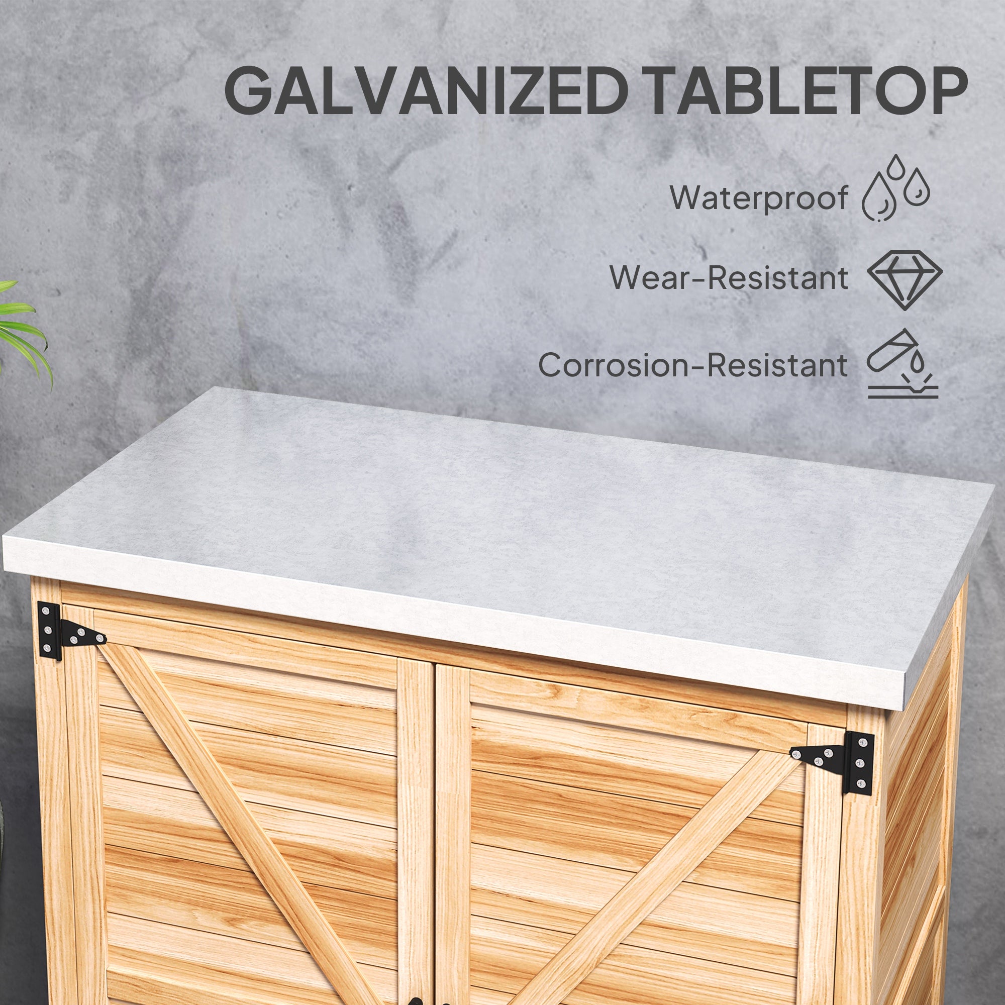 Wooden Storage Cabinet, Outdoor Prep Table with Metal Tabletop, Shelves and Double Doors for Patio, Garden