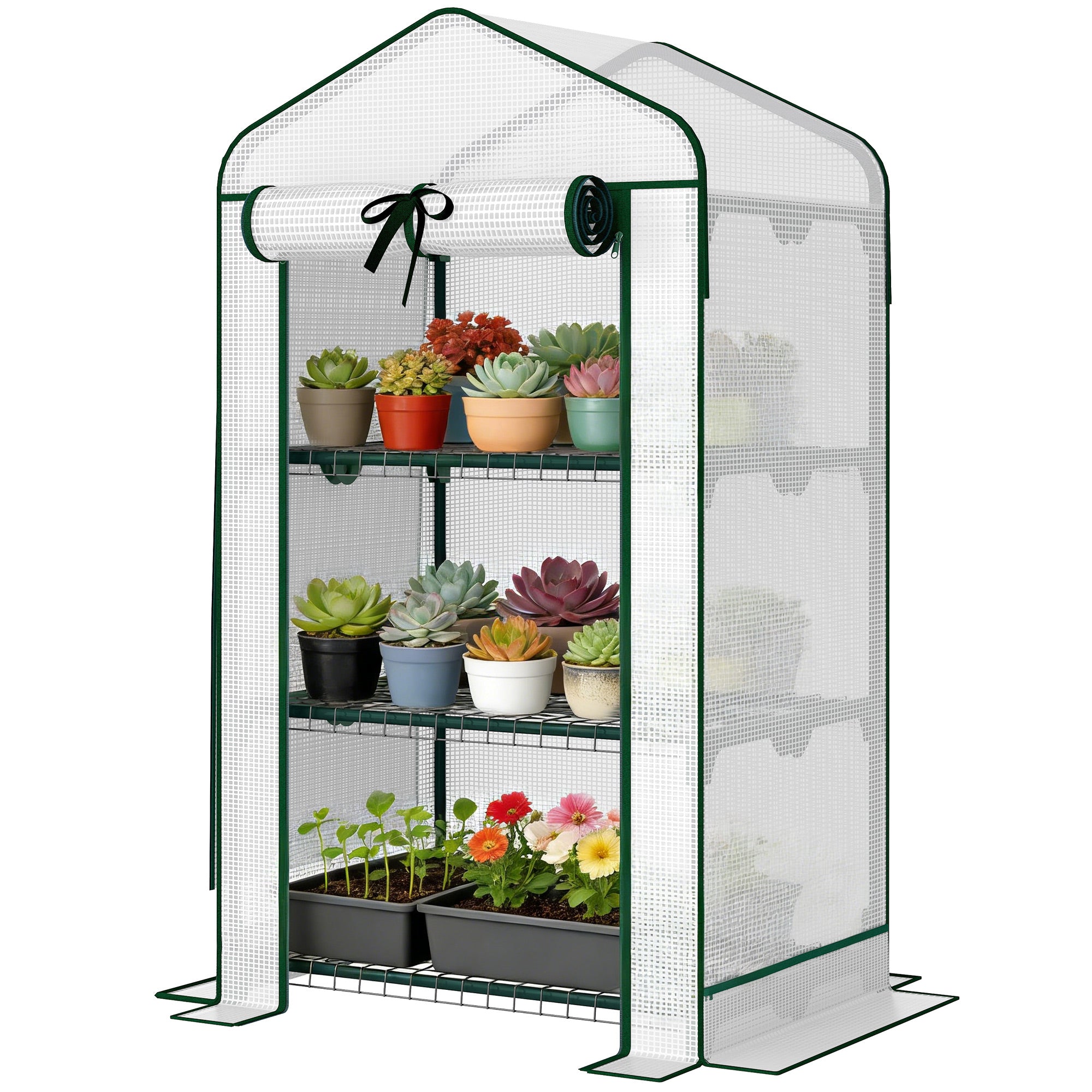 Mini Greenhouse with Screen Roof, Portable Small Greenhouse with Roll-Up Zipper Door, 27.6" x 19.7" x 50"