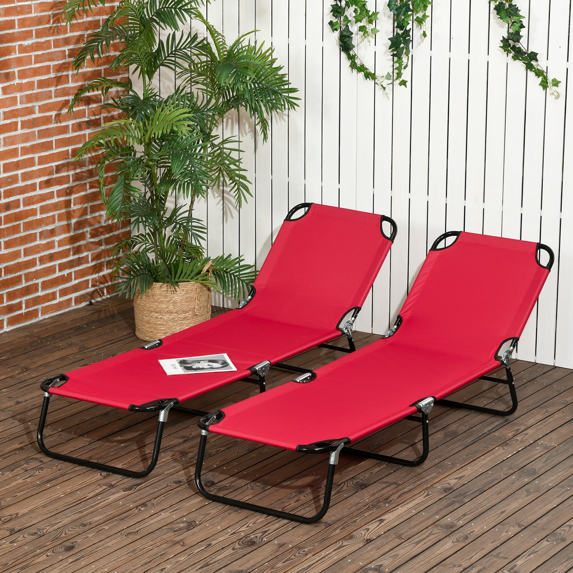 2 Piece Folding Chaise Lounge Pool Chairs, Outdoor Sun Tanning Chairs with 5-Level Reclining Back, Steel Frame for Beach, Yard, Patio