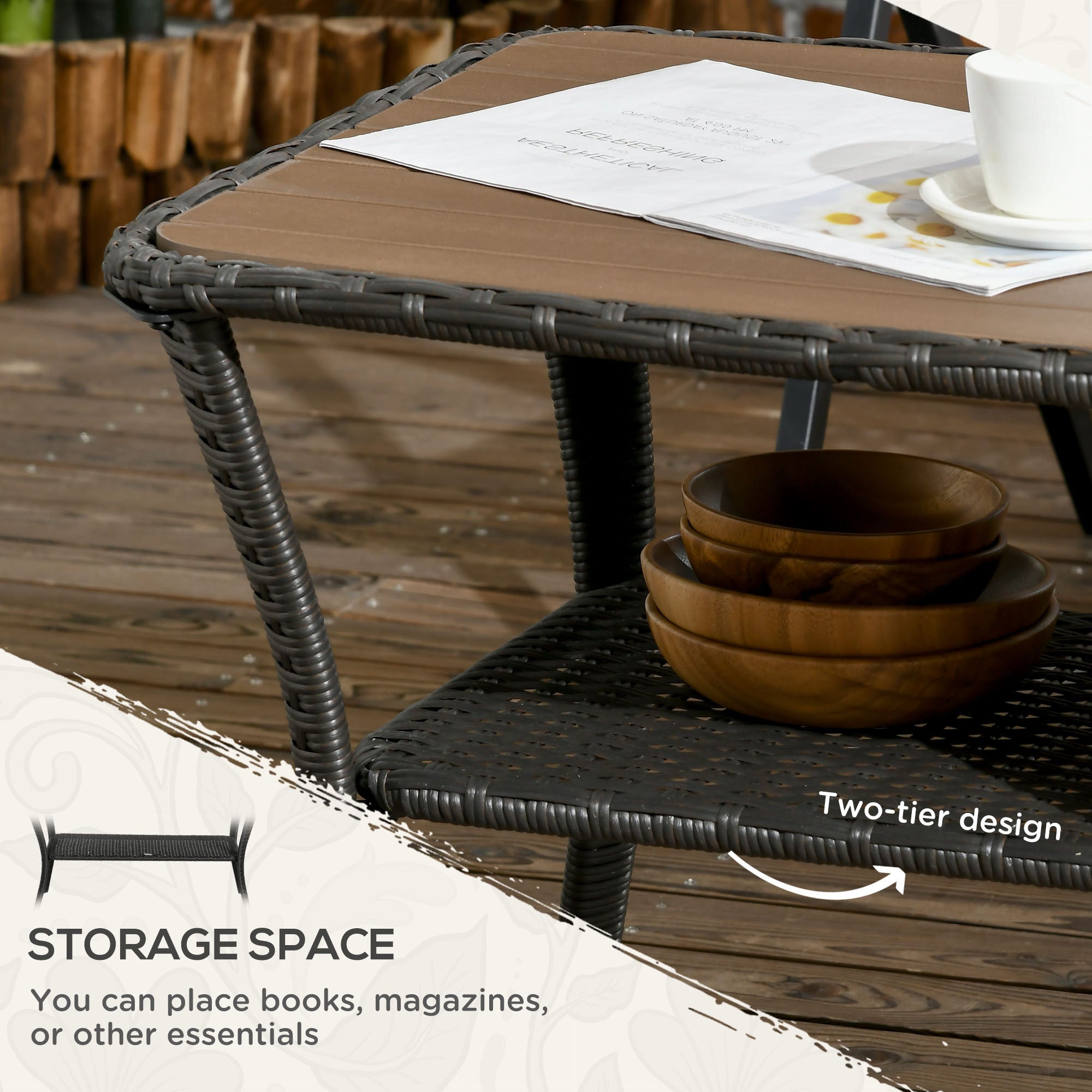 Outdoor Patio PE Rattan Coffee Table with Storage Shelf, Wicker Side Table with Wood-Plastic Composite Top, Mixed Brown