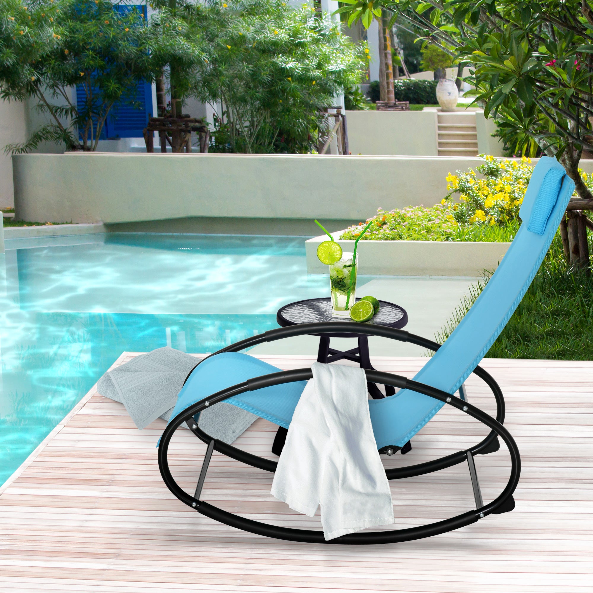 Pool Lounger, Outdoor Rocking Lounge Chair for Sunbathing, Pool, Beach, Porch with Pillow and Cool Mesh, Sun Tanning Rocker