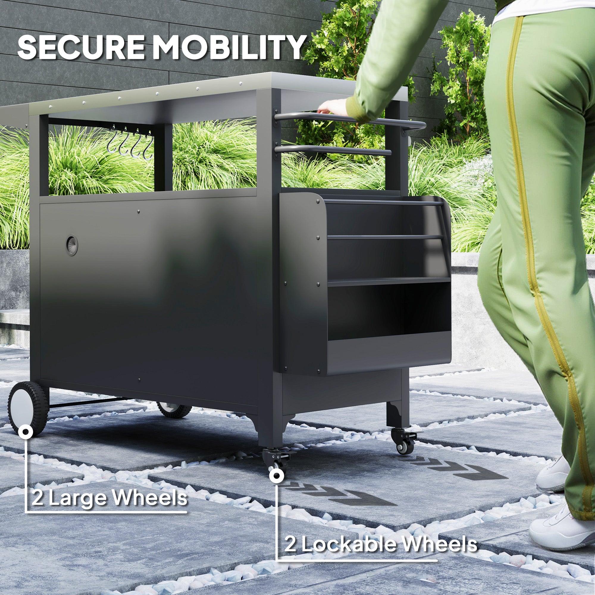 Outdoor Grill Cart Table with Stainless Steel Top, Movable Pizza Oven Table with Foldable Side Table, Wheels