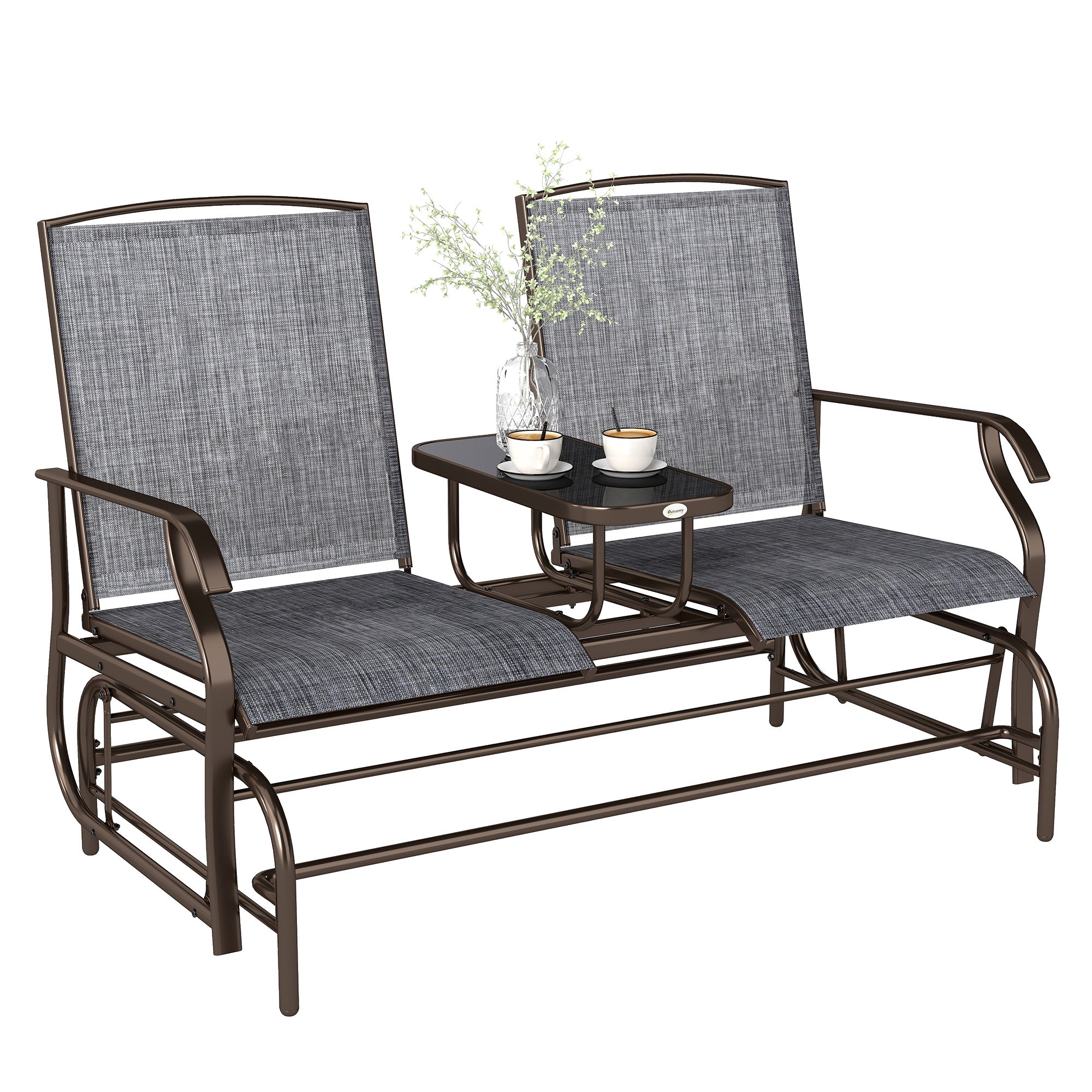 2-Seat Outdoor Glider Swing, Center Coffee Table and Independent Chairs, Supports Up to 352 lbs., Loveseat with Breathable Sling for Backyard, Garden, and Porch