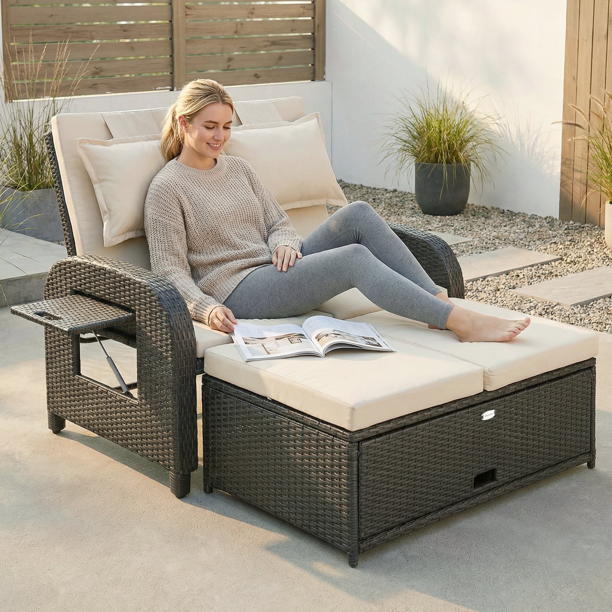 Patio Rattan Daybed, Wicker Outdoor Daybed with Storage Ottoman, Loveseat w/ Adjustable Backrest