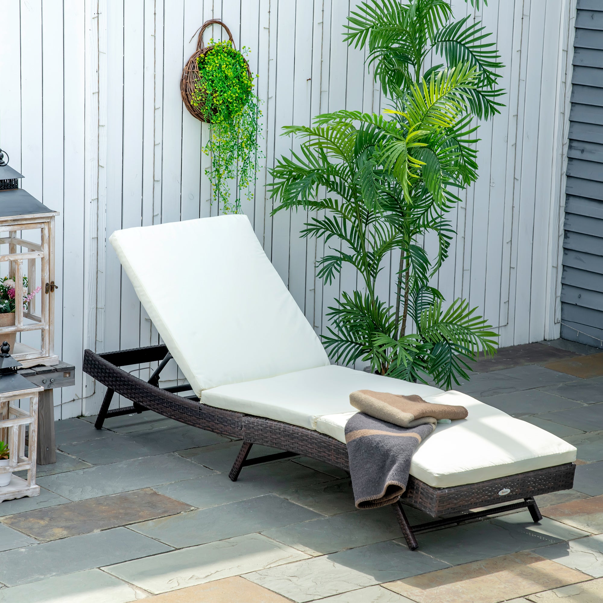 Patio Chaise Lounge, Pool Chair with 5 Position Adjustable Backrest & Cushion, Outdoor PE Rattan Wicker Sun Tanning Seat, 78.75" x 24.75" x 35", Brown