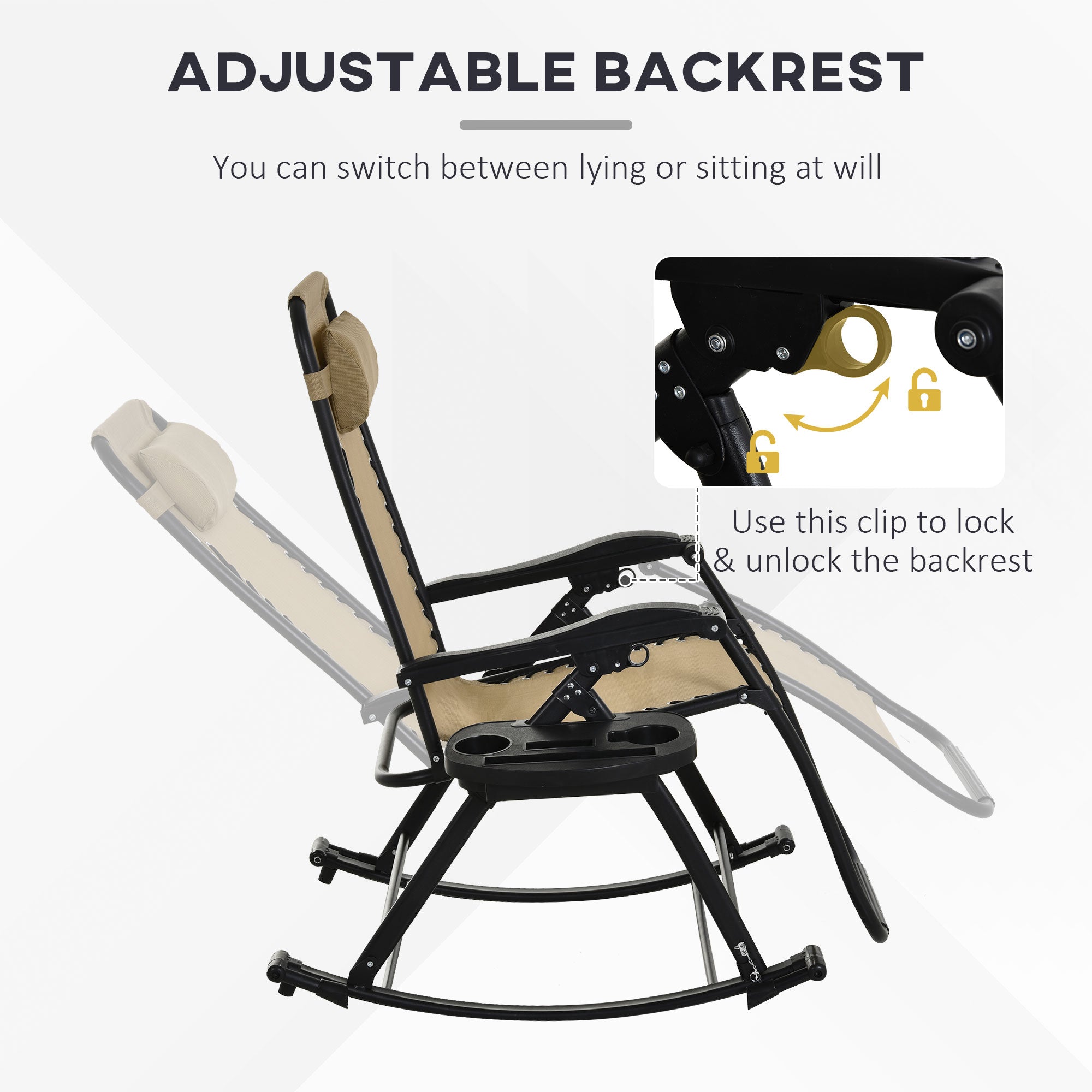2 Outdoor Rocking Chairs Foldable Reclining Zero Gravity Lounge Rockers w/ Pillow Cup & Phone Holder