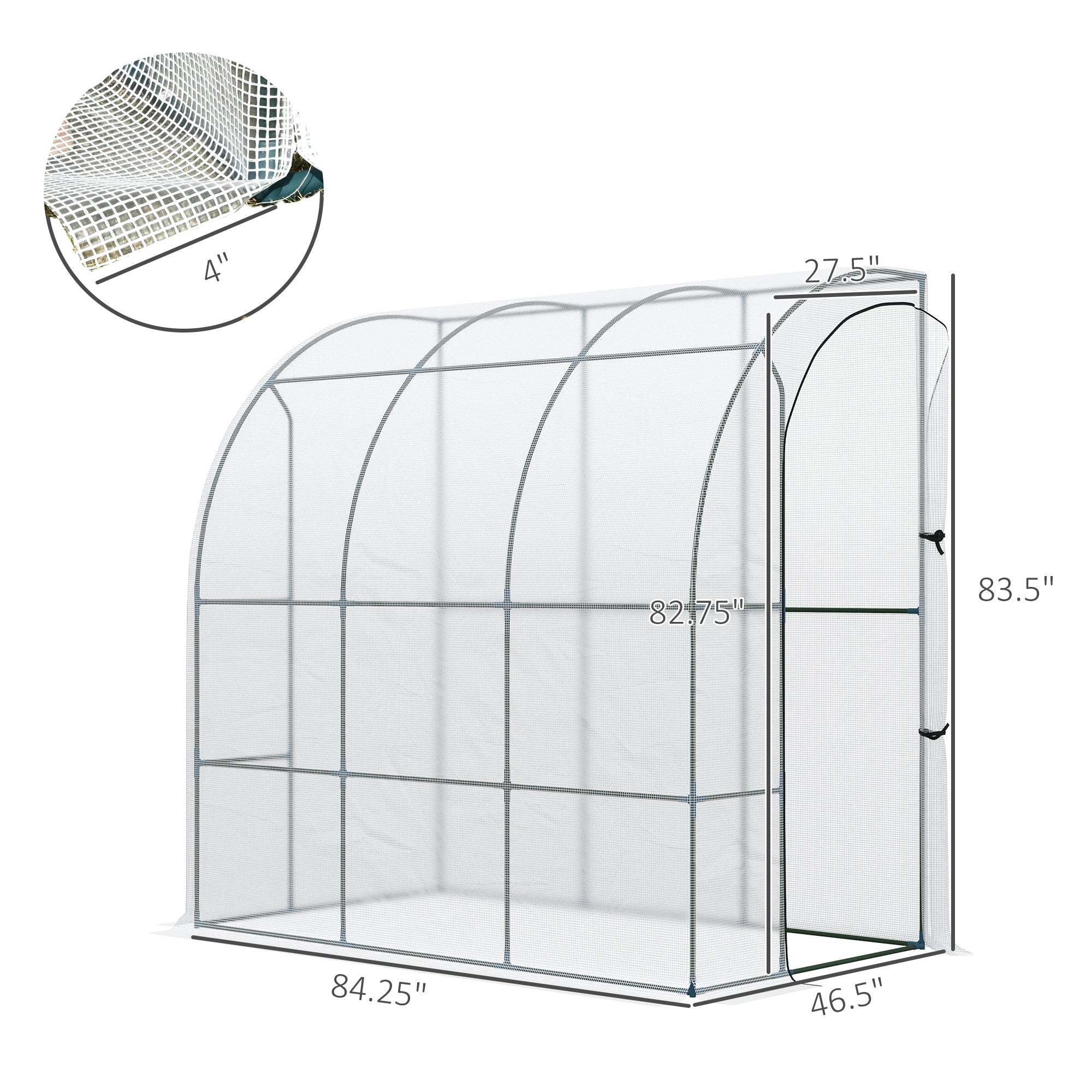 7' x 4' x 7' Outdoor Lean to Greenhouse, Walk-In Green House Plant Nursery with Roll-up Window, PE Cover, White
