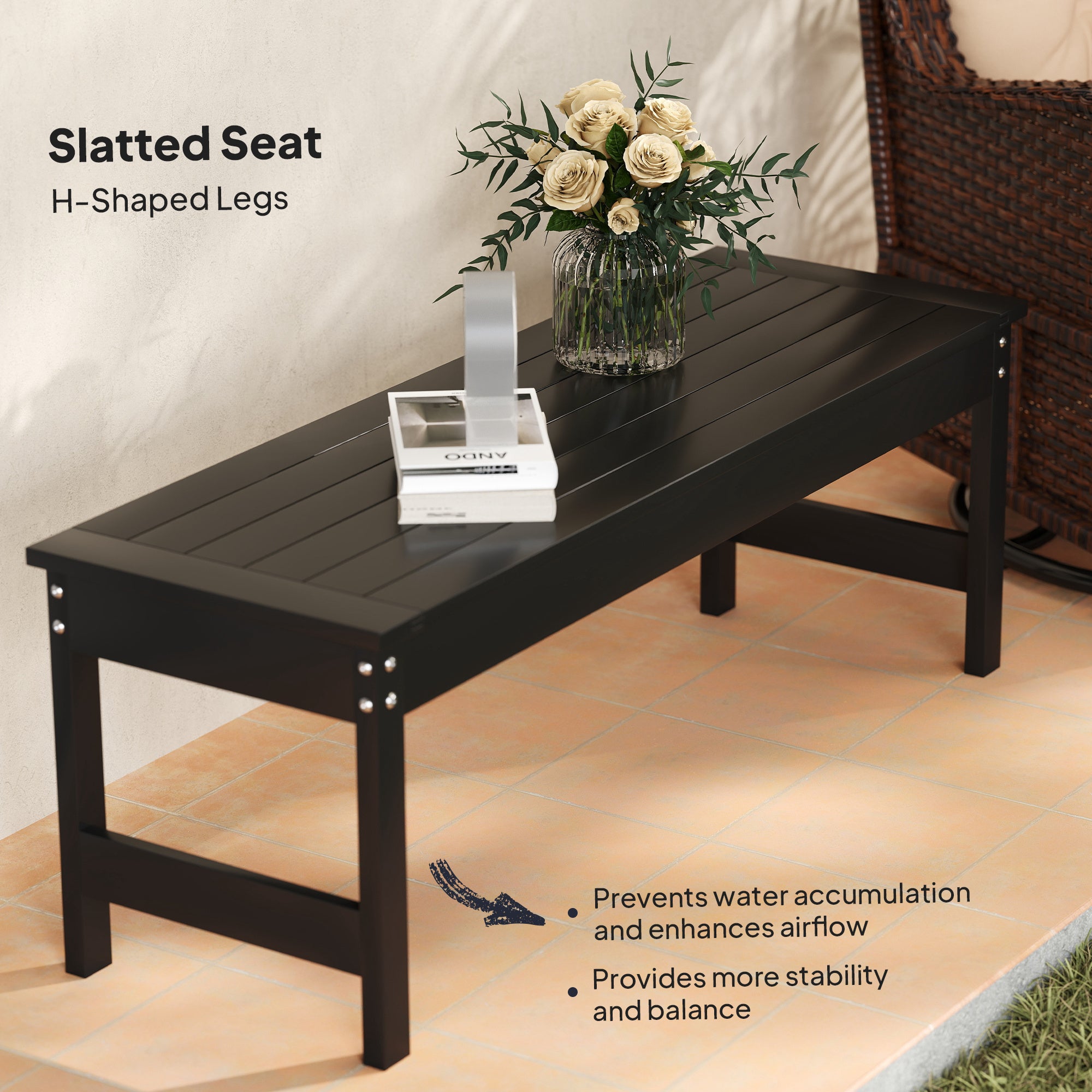47" Outdoor Bench Seat, HDPE All-Weather Garden Bench, Backless Slatted Patio Bench for Yard, Porch, Park, Black