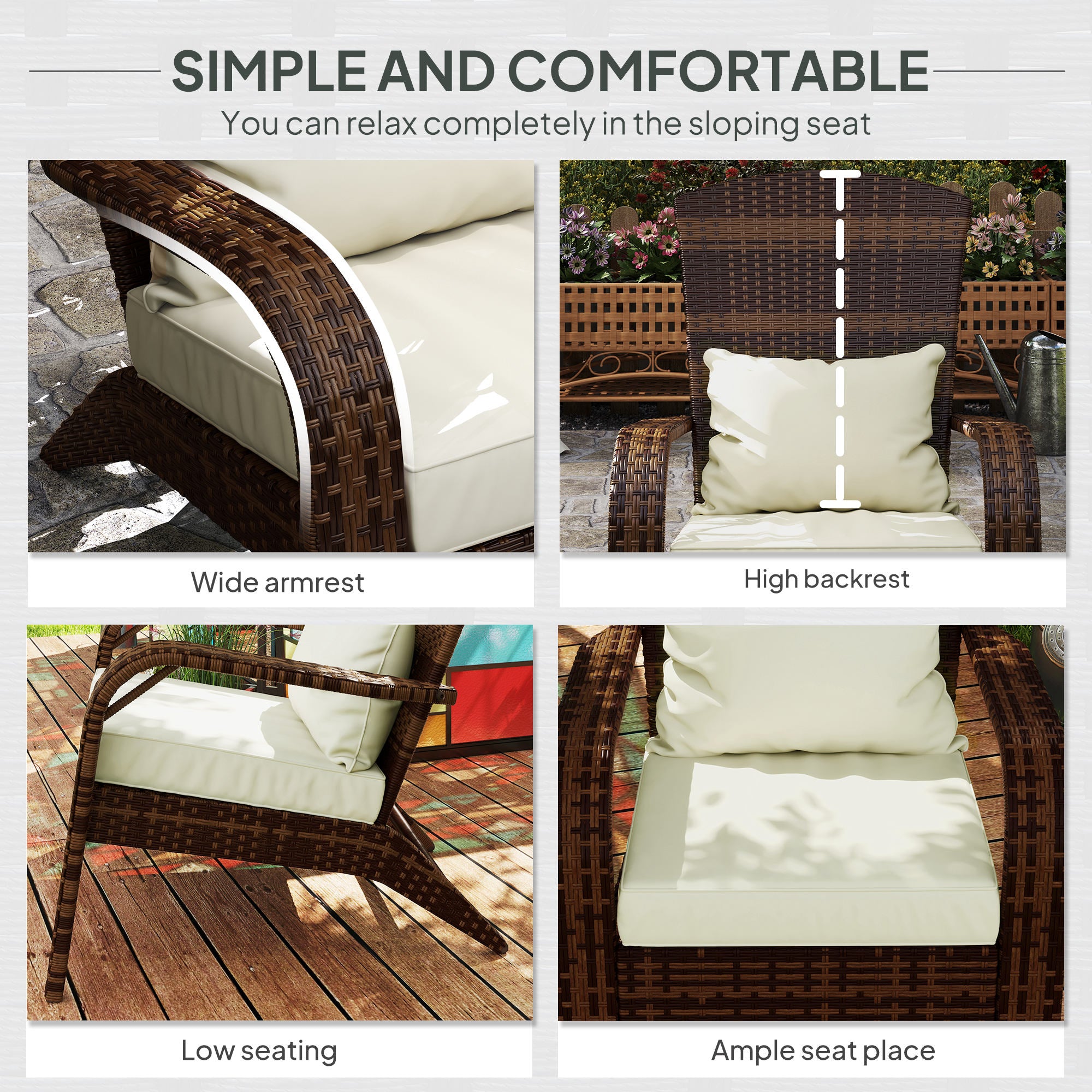 Patio Adirondack Chair with Rattan Wicker, Soft Cushions, Tall Curved Backrest for Deck or Garden
