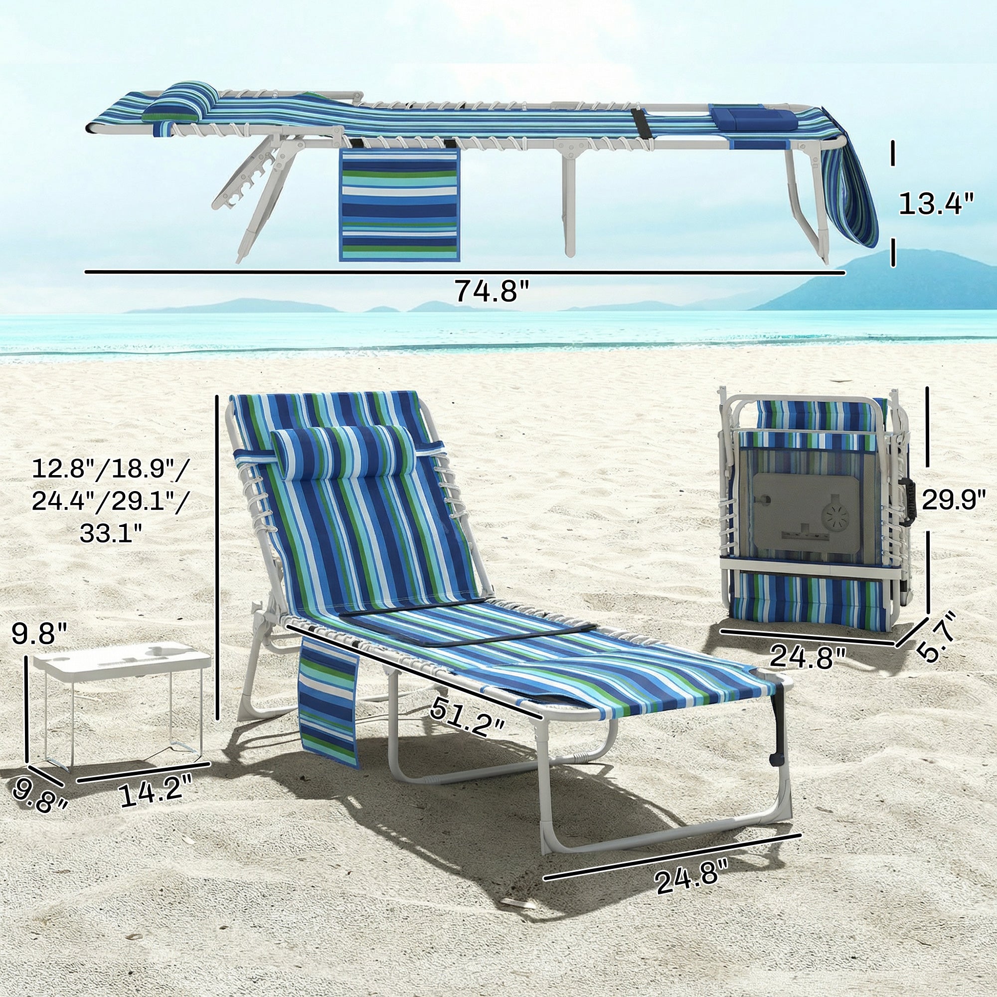 Tanning Chair Set of 2 with Face Hole and Side Table, 5-Position Folding Outdoor Chaise Lounge Chair