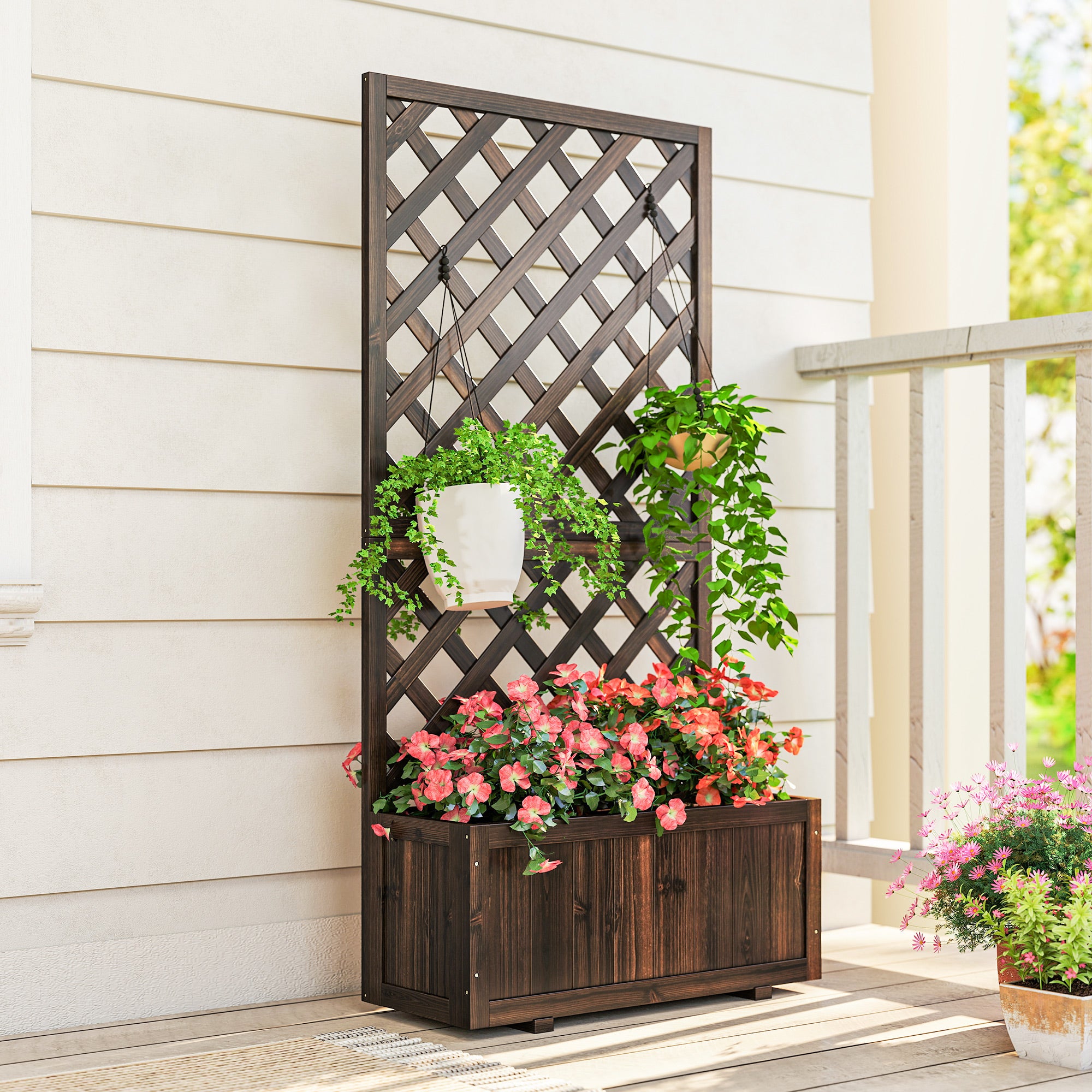 Wooden Raised Garden Bed, Raised Planter Box, Planter with Trellis for Climbing Plants Flowers