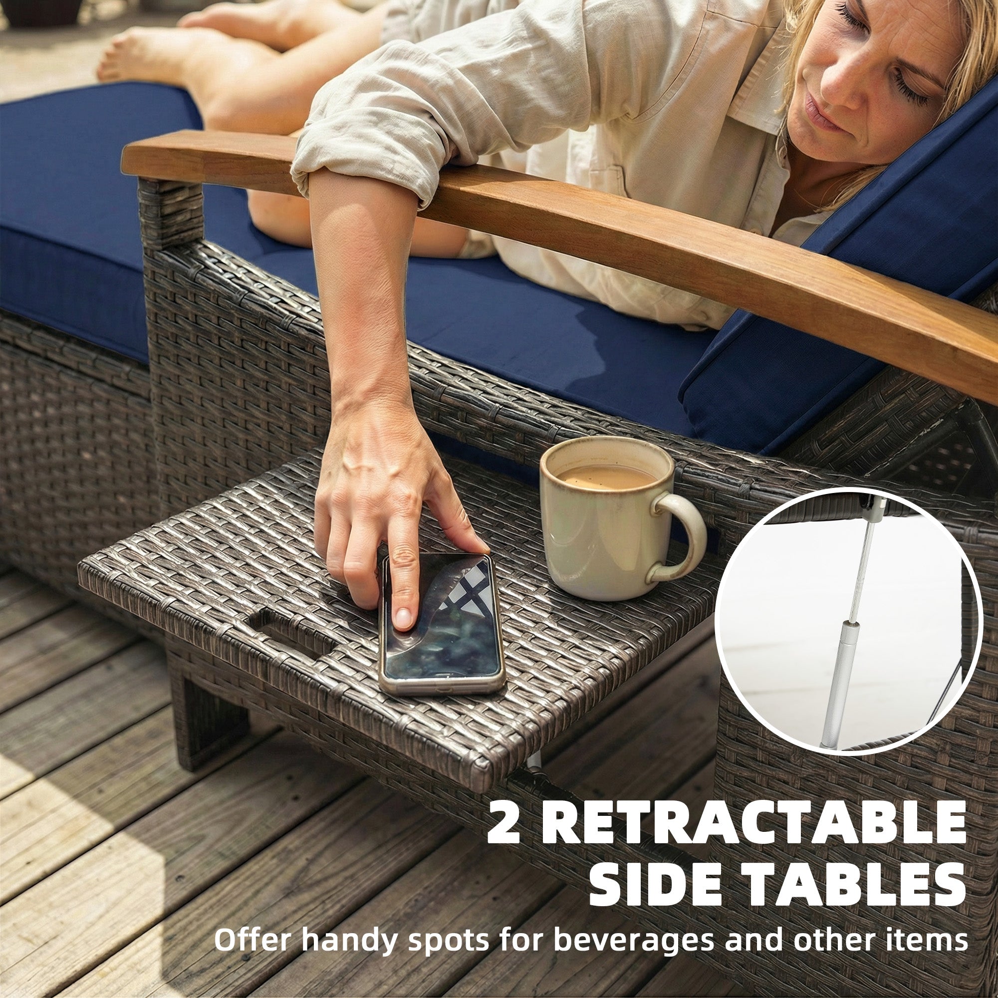 Rattan Outdoor Daybed w/4-Level Adjustable Backrest, Patio Sofa Bed w/Storage Ottoman, Acacia Wood Armrest
