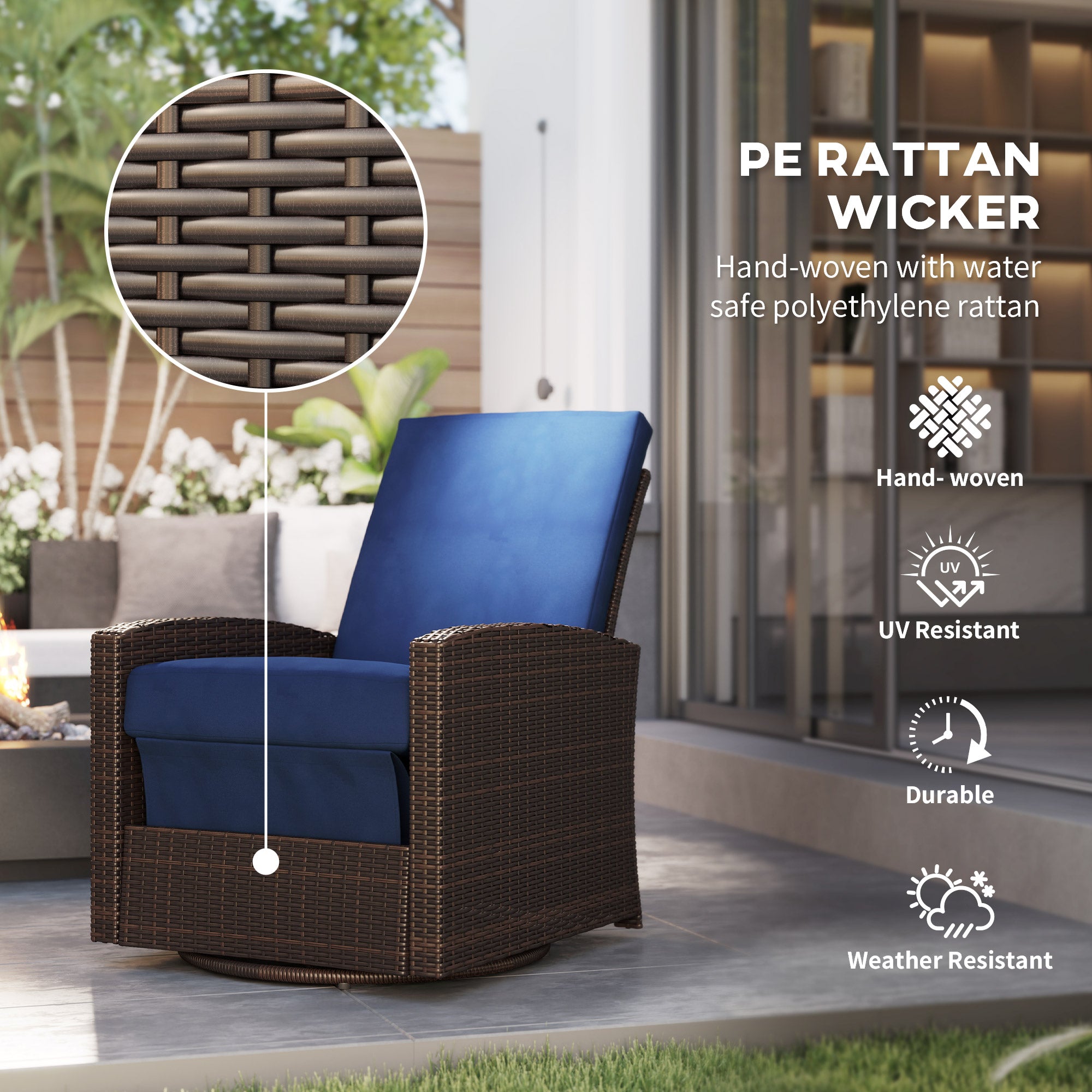 Outdoor Wicker Swivel Recliner Chair, Reclining Backrest, Lifting Footrest, 360° Rotating Basic, Water Resistant Cushions for Patio