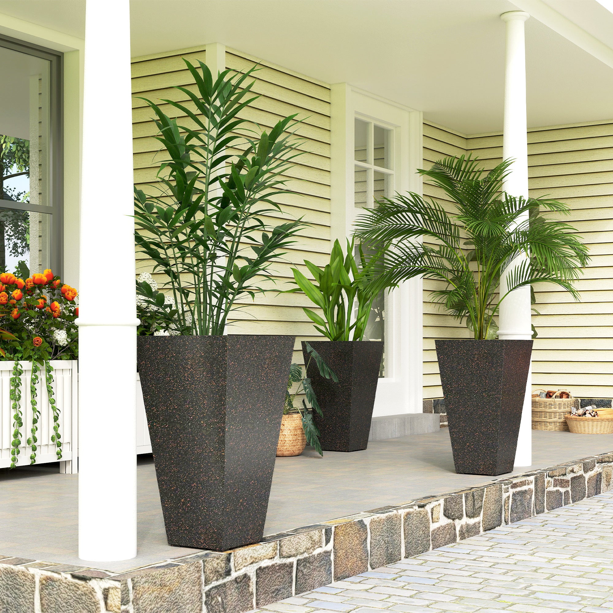 28" Tall Planters, Set of 3 Plastic Flower Pots with Marble Finish and Drainage Holes, Stackable Taper Planters