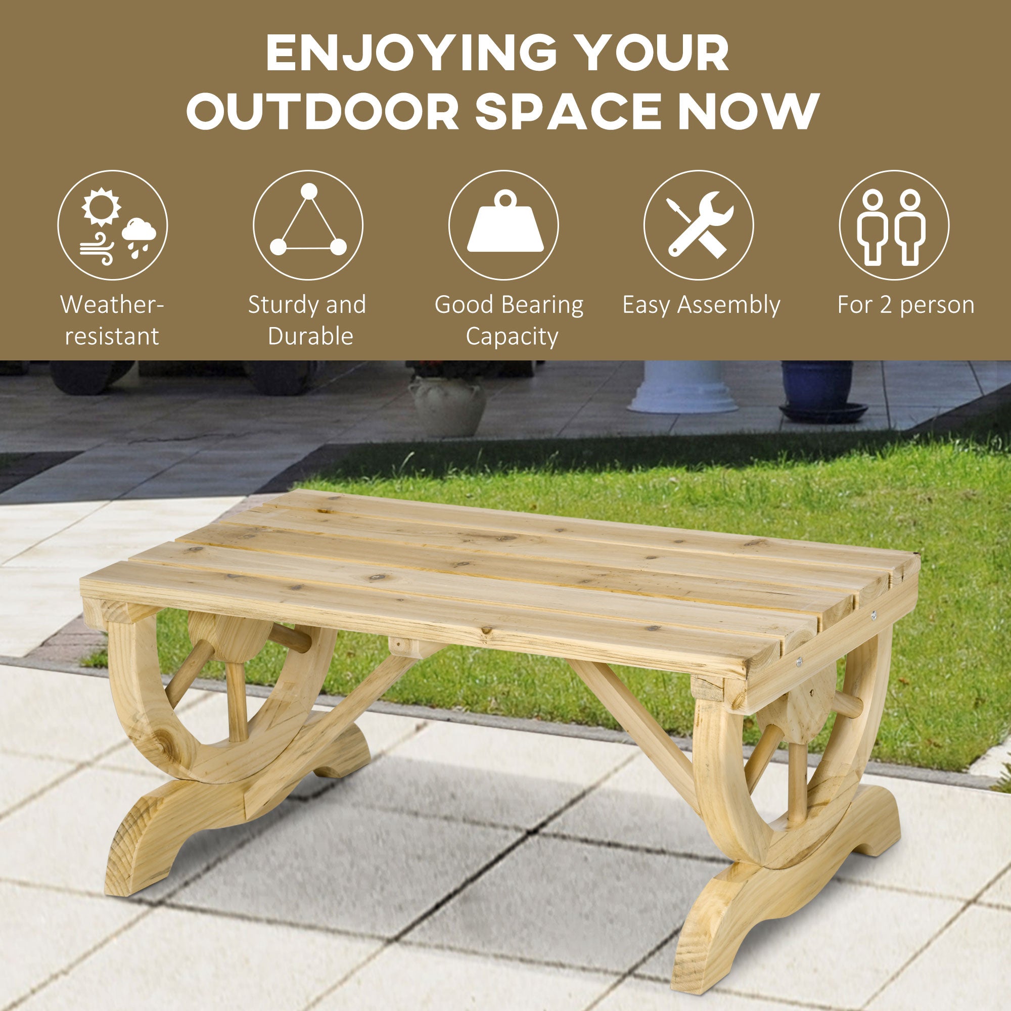 2-Person Wooden Garden Bench, Outdoor Wagon Wheel Porch Bench for Backyard Garden, Support 550 LBS, Rustic Country Style Patio Furniture