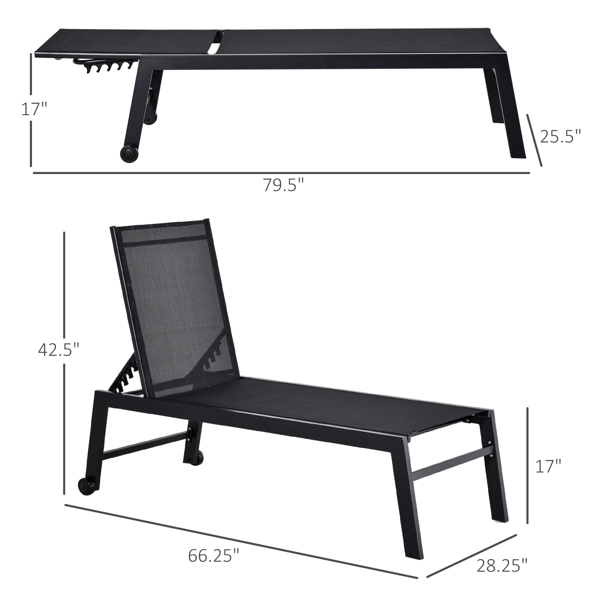 Outdoor Chaise Lounge with Wheels, Five Position Recliner for Sunbathing, Suntanning, Steel Frame, Breathable Fabric for Beach, Yard, Patio