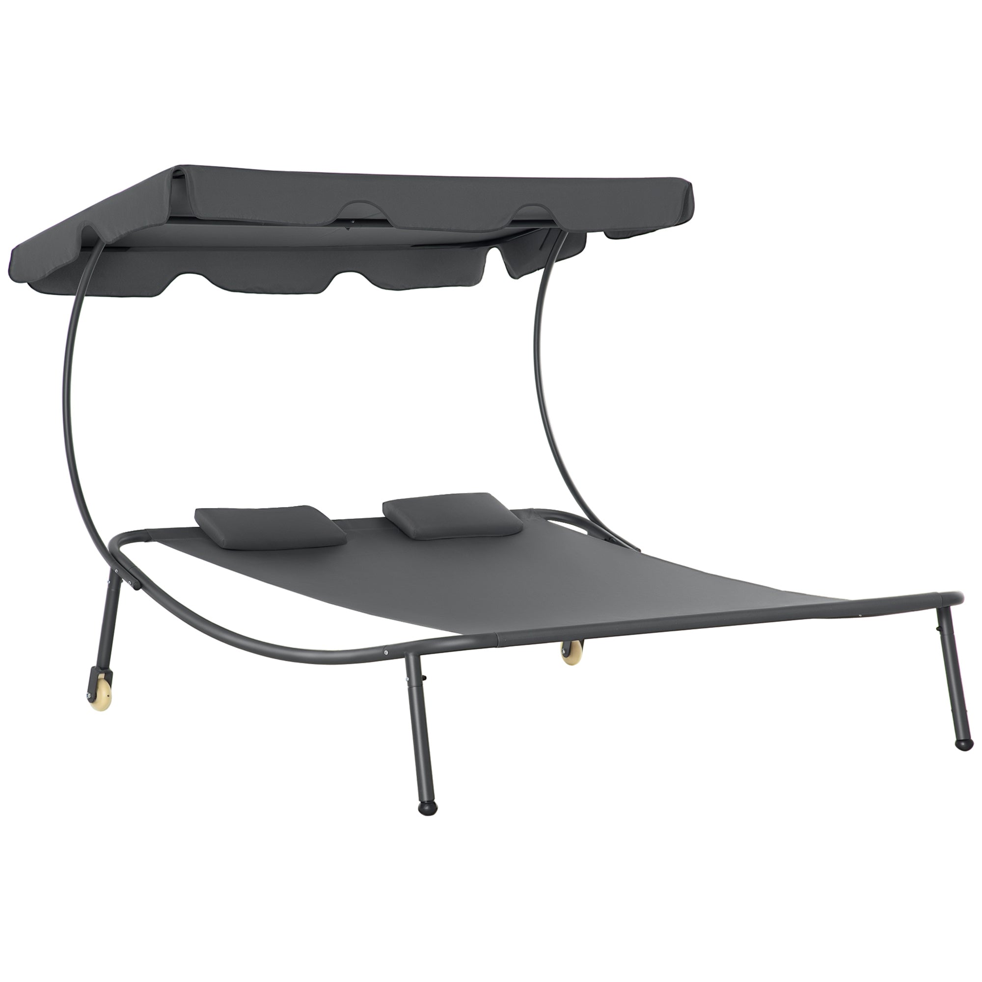 Patio Double Chaise Lounge Chair, Outdoor Wheeled Hammock Daybed with Adjustable Canopy and Pillow for Sun Room, Garden, or Poolside, Grey