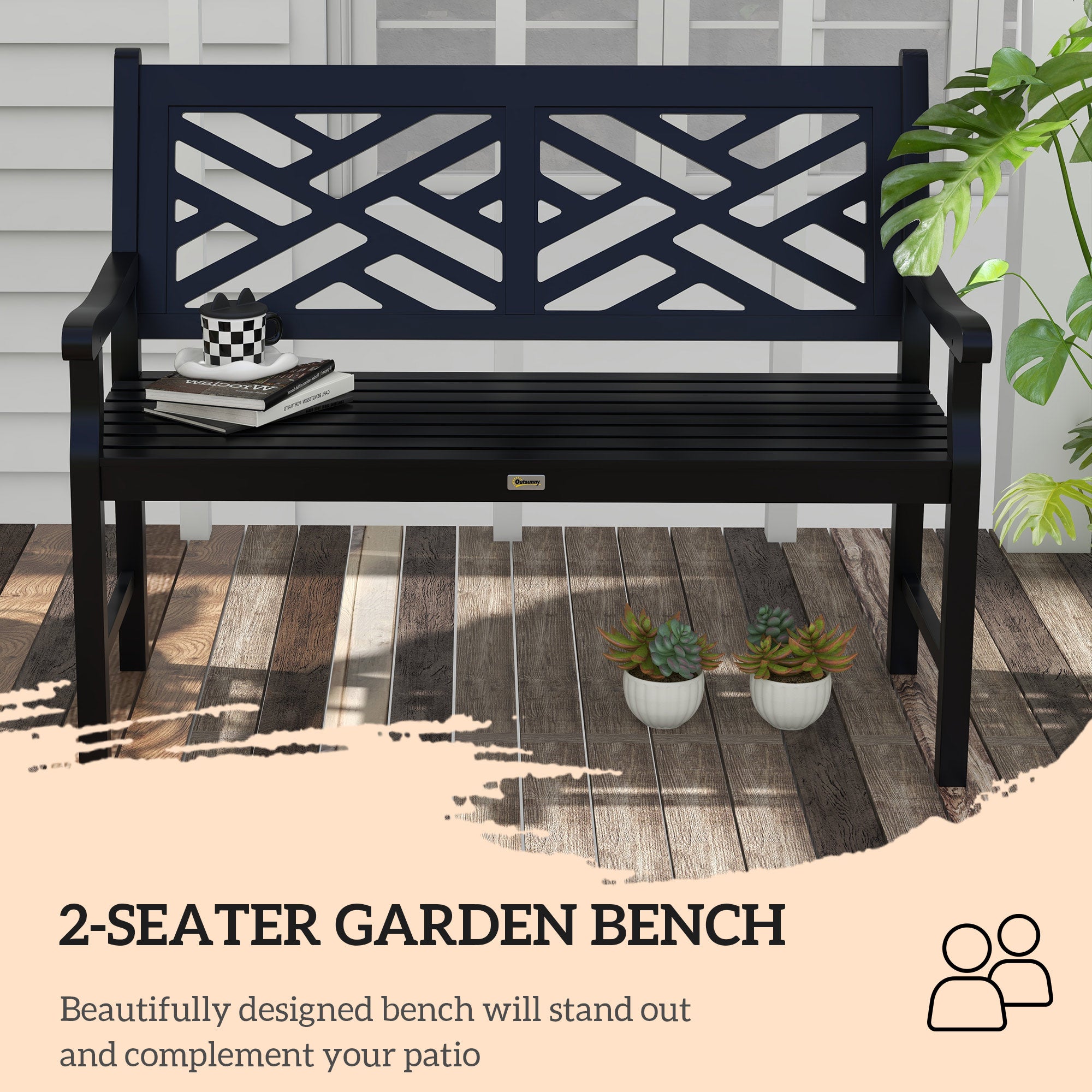 Outdoor Garden Bench, Wooden Frame Patio Bench with Geometric Pattern, 43.25 Inch Weatherproof 2-Person Love Seat for Garden, Lawn, Porch, Yard, Work Entryway