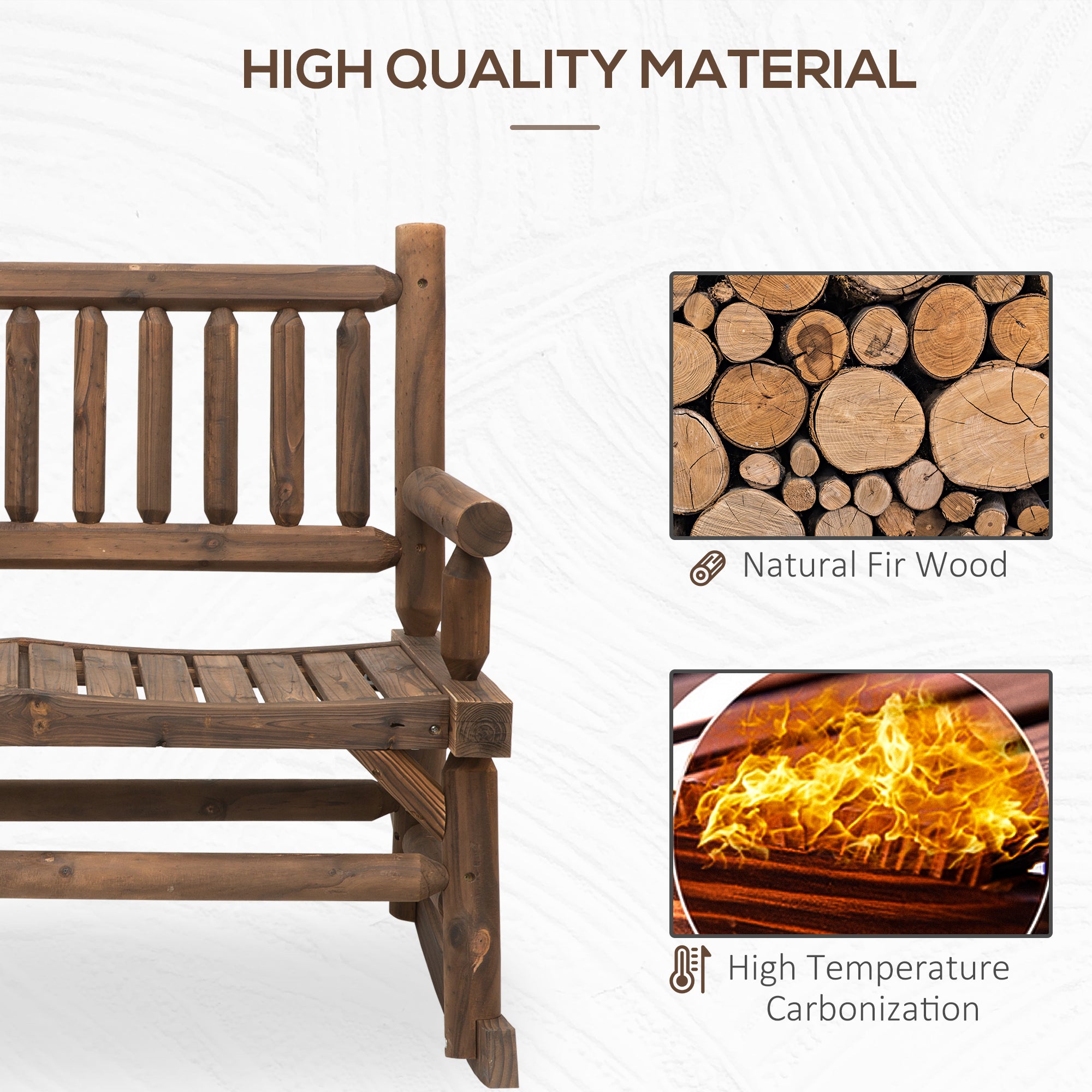 2-Person Wood Rocking Chair with Log Design, Heavy Duty Loveseat with Wide Curved Seats for Patio, Backyard, Garden
