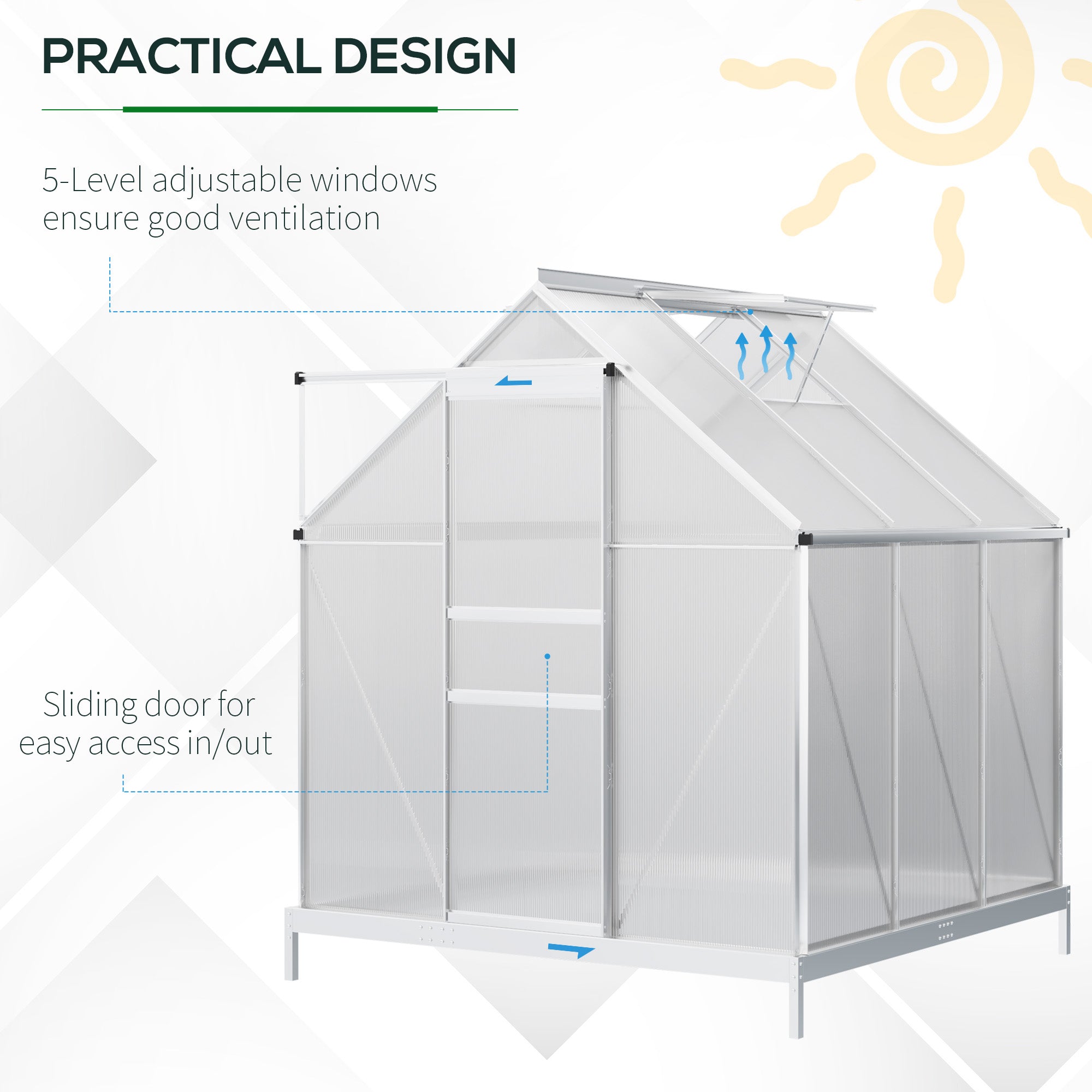 6' x 6' x 6.5' Polycarbonate Greenhouse with Aluminum Frame, Walk-in Heavy Duty Green House with Adjustable Roof Vent, Rain Gutter and Sliding Door for Winter, Silver