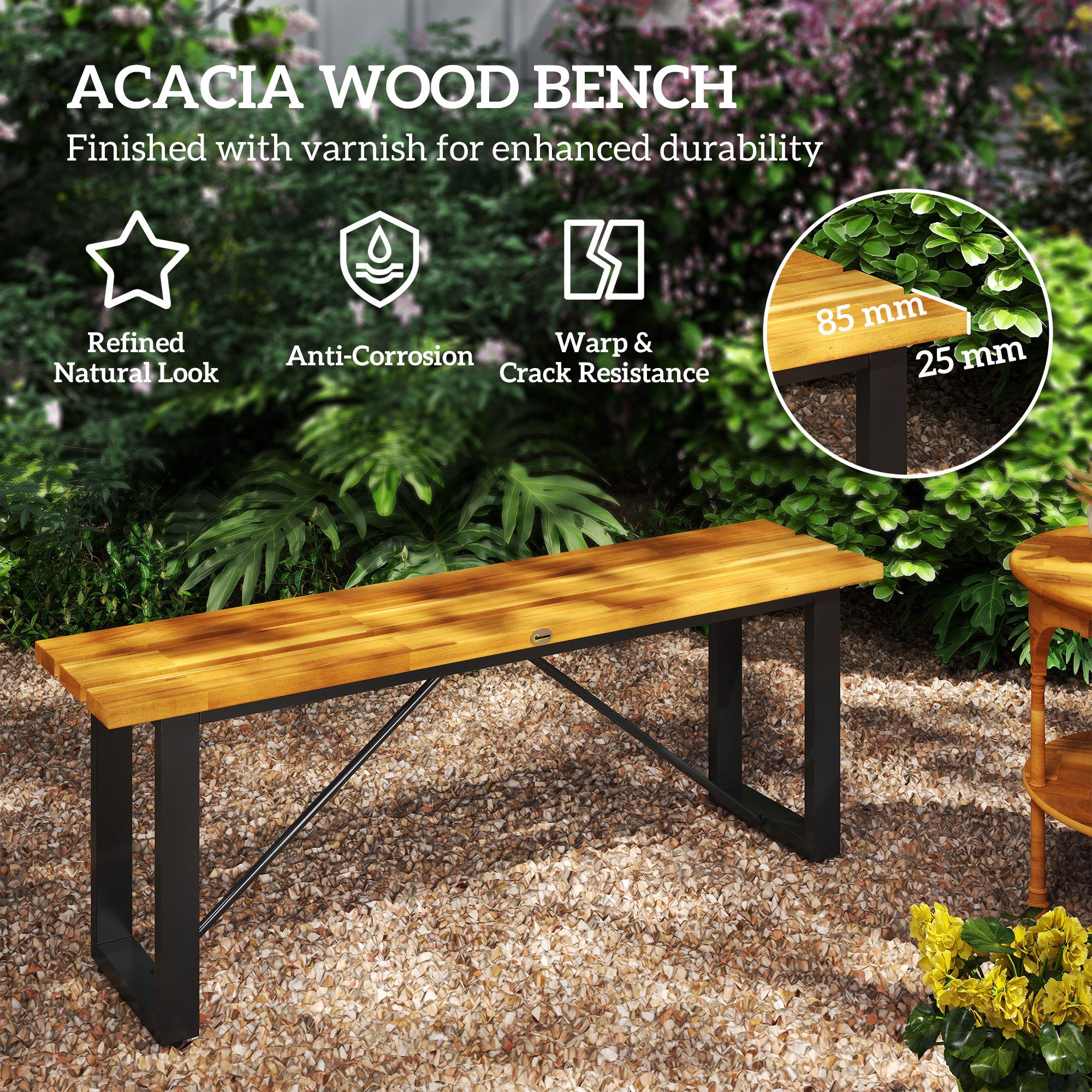 Outdoor Bench, 2-Person Backless Garden Bench, Acacia Wood Patio Bench Loveseat with Slatted Seat for Porch, Park, Teak