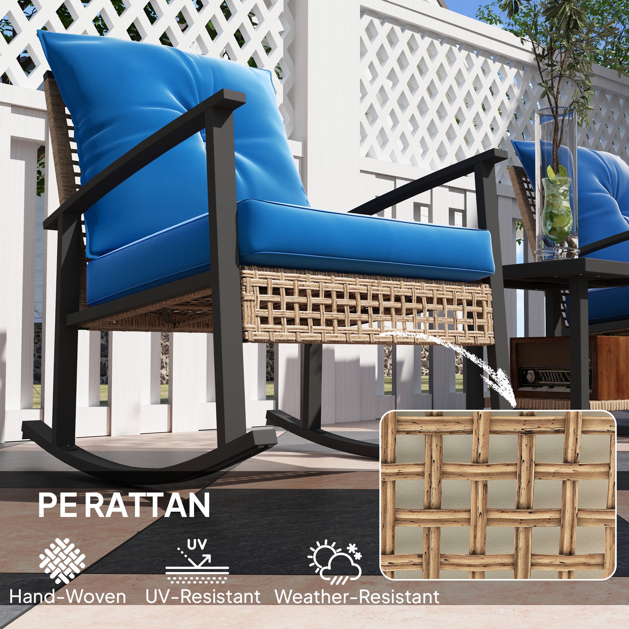 3 Pieces Bistro Set, Patio Wicker Furniture Set with Button Tufted Cushions, Rattan Rocking Chairs, Coffee Table