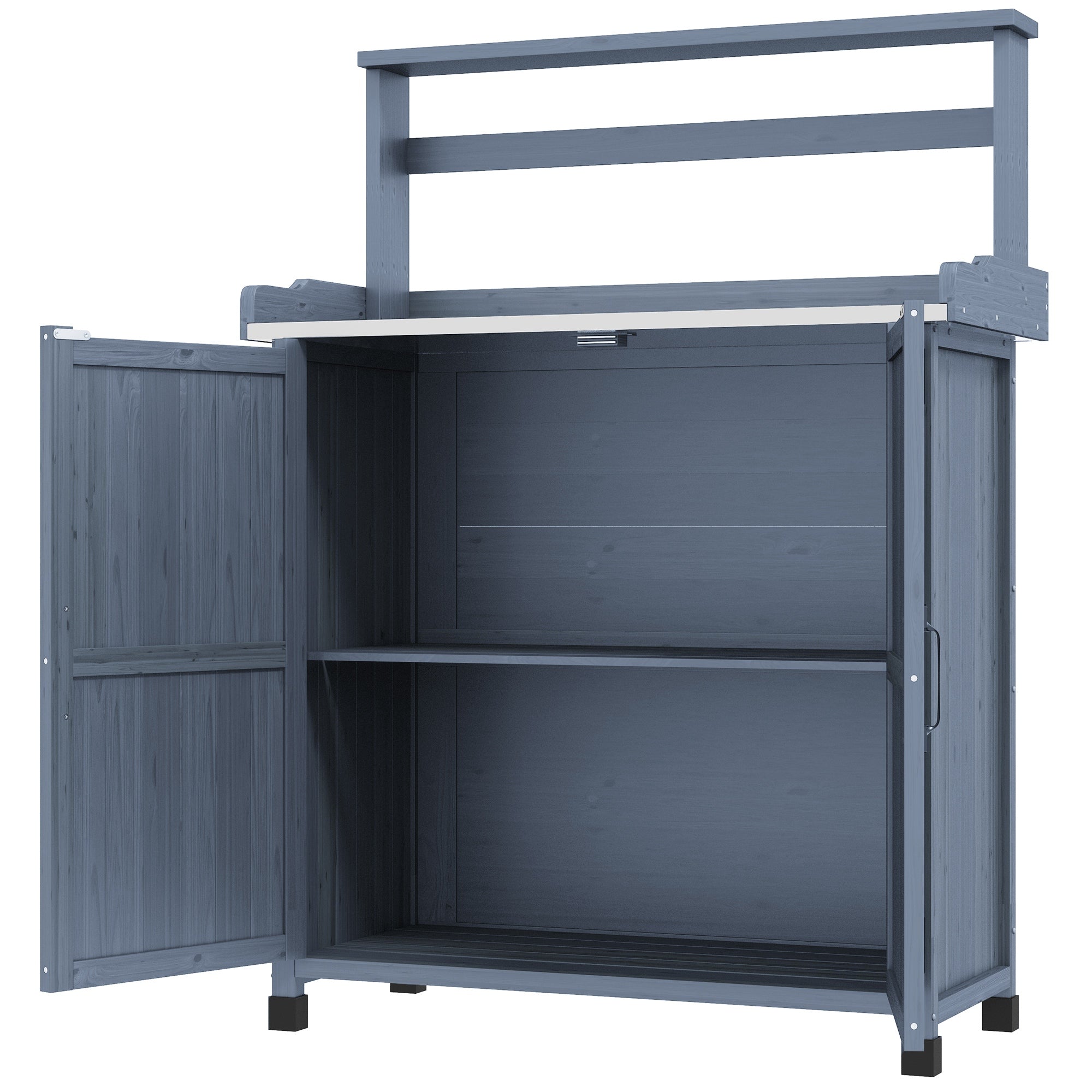 Outdoor Wooden Potting Bench with Storage Cabinet, Shelves, Galvanized Plated Tabletop for Backyard, Balcony